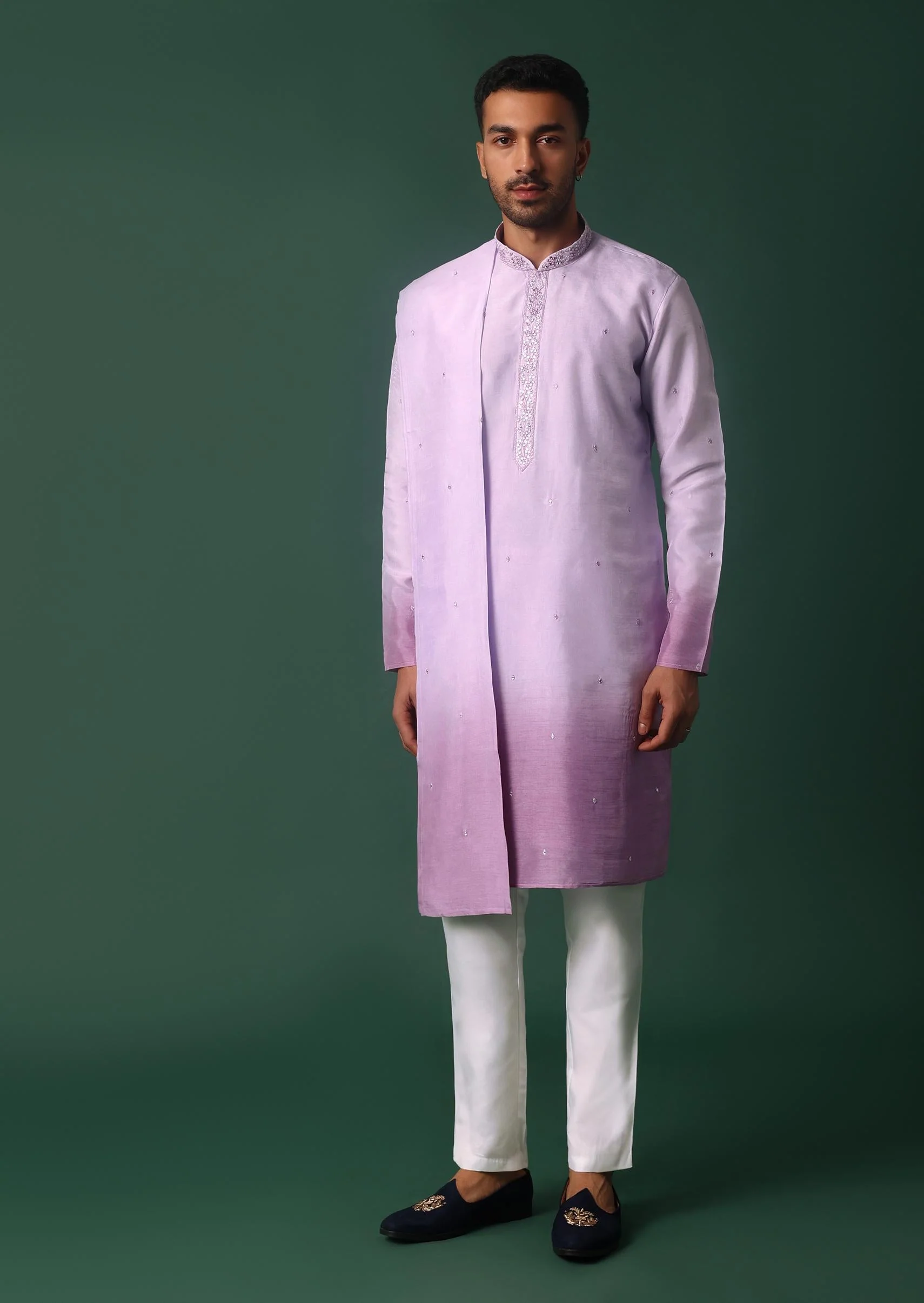 Purple Ombre Silk Kurta Set With Yoke Embroidery - Image 3