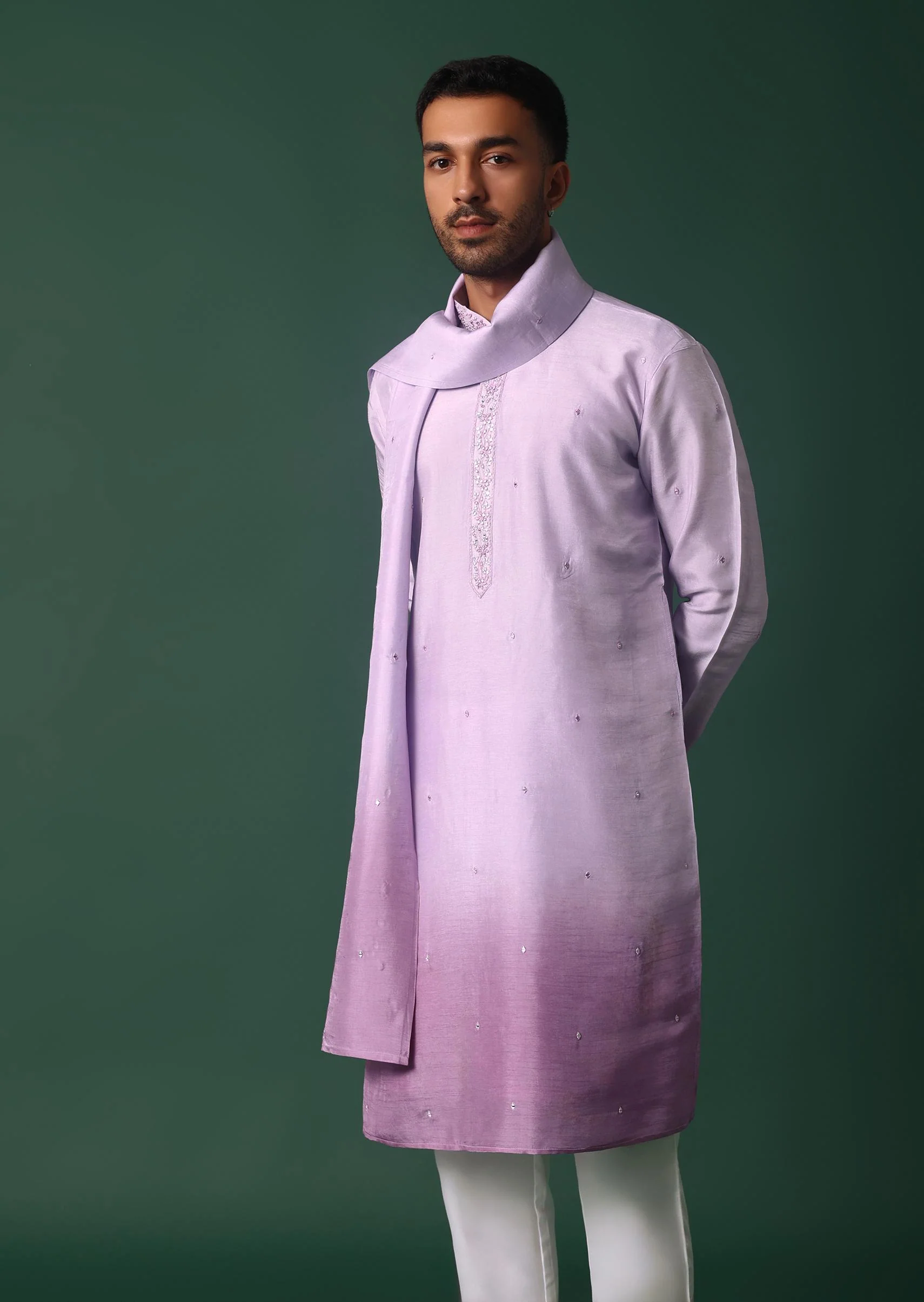 Purple Ombre Silk Kurta Set With Yoke Embroidery - Image 4