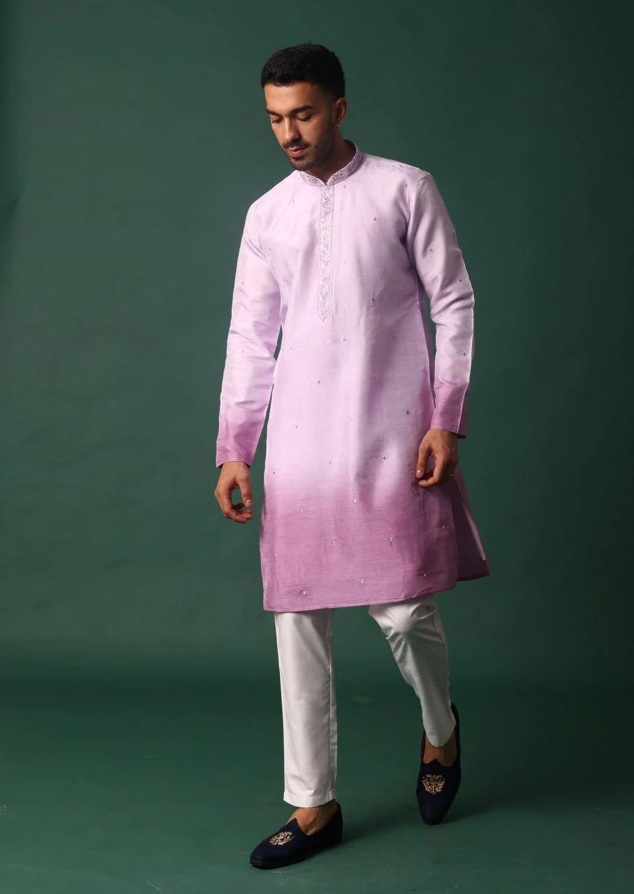 Purple Ombre Silk Kurta Set With Yoke Embroidery - Image 5