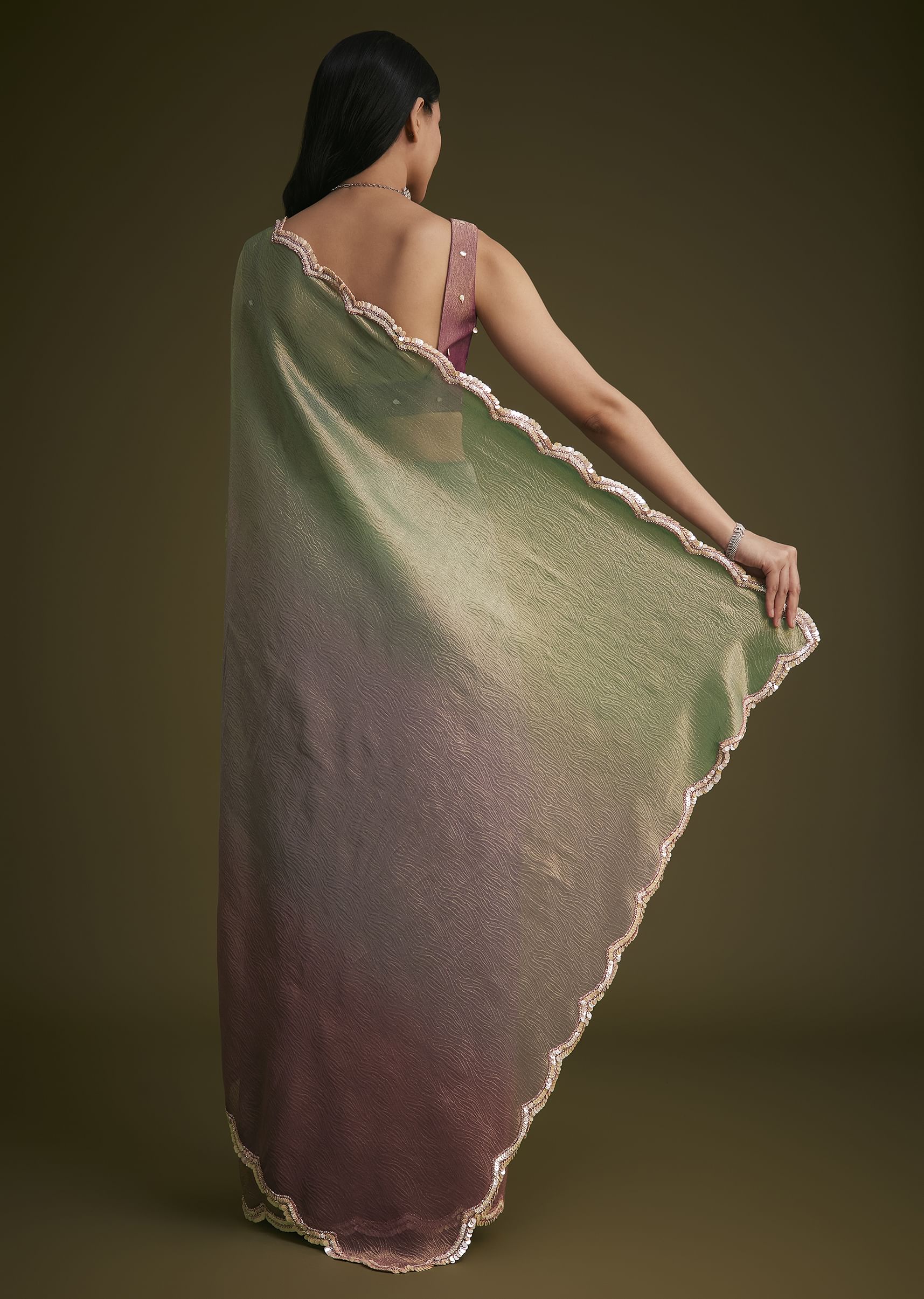 Purple Ombre Tissue Saree With Scallop Border - Image 4