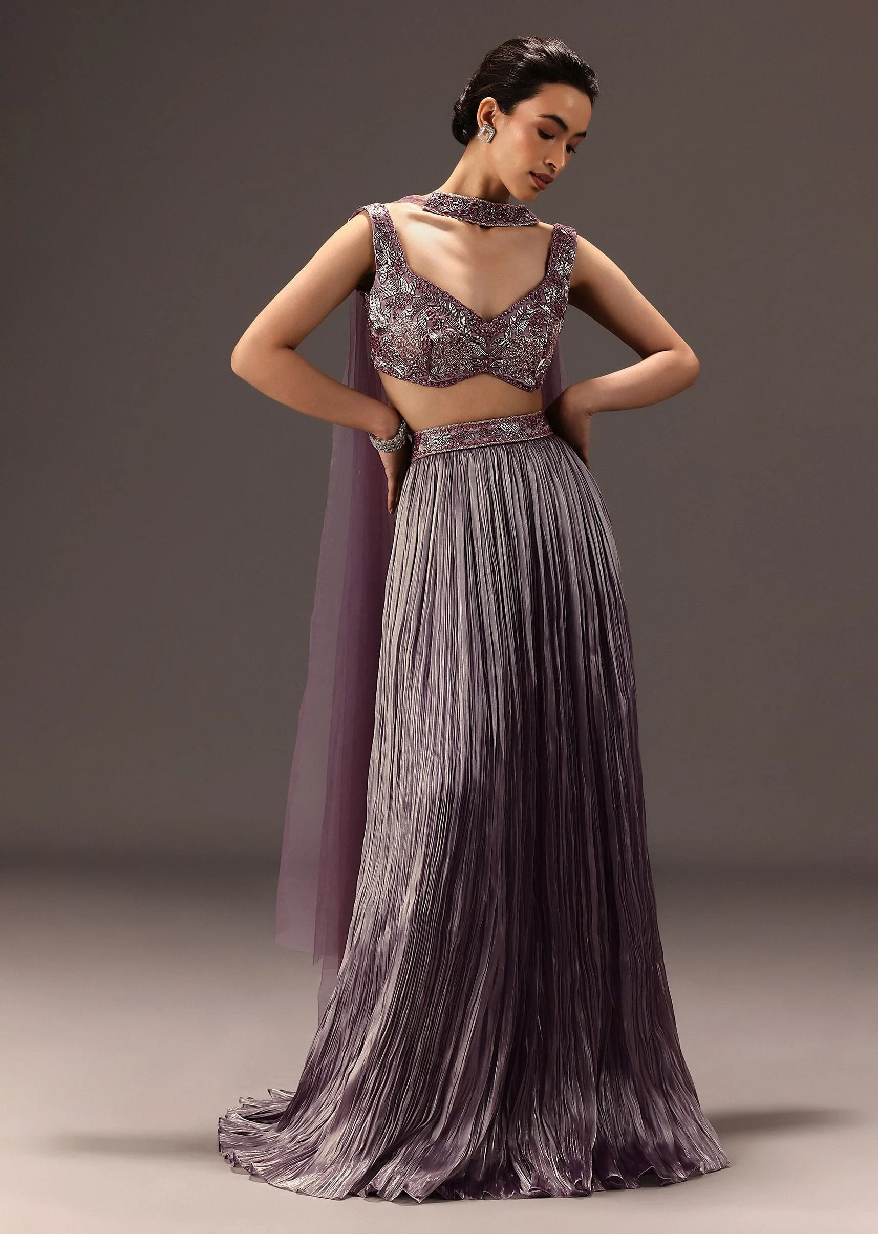 Purple Organza Hand Embellished Ruched Lehenga Set With Choker Dupatta