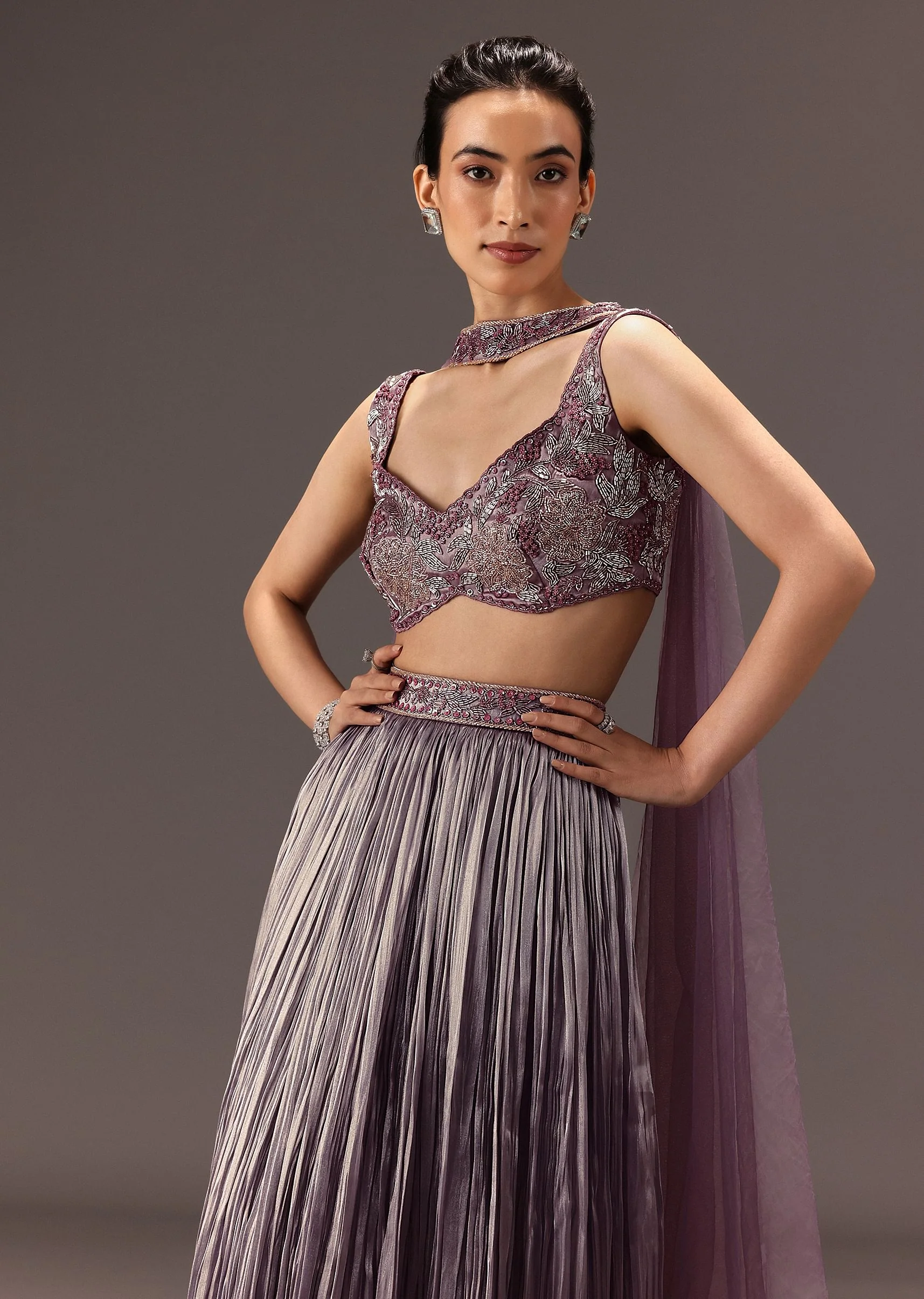 Purple Organza Hand Embellished Ruched Lehenga Set With Choker Dupatta - Image 2