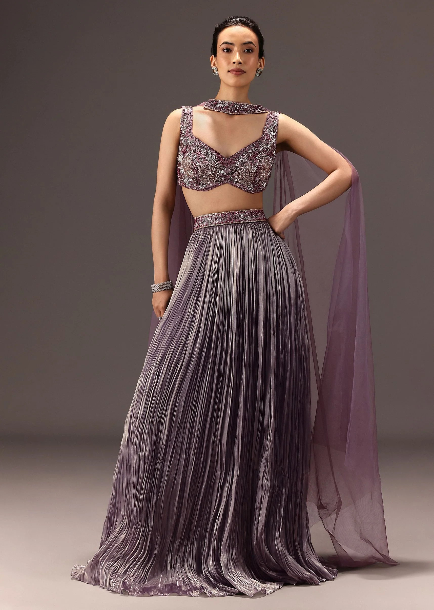 Purple Organza Hand Embellished Ruched Lehenga Set With Choker Dupatta - Image 3