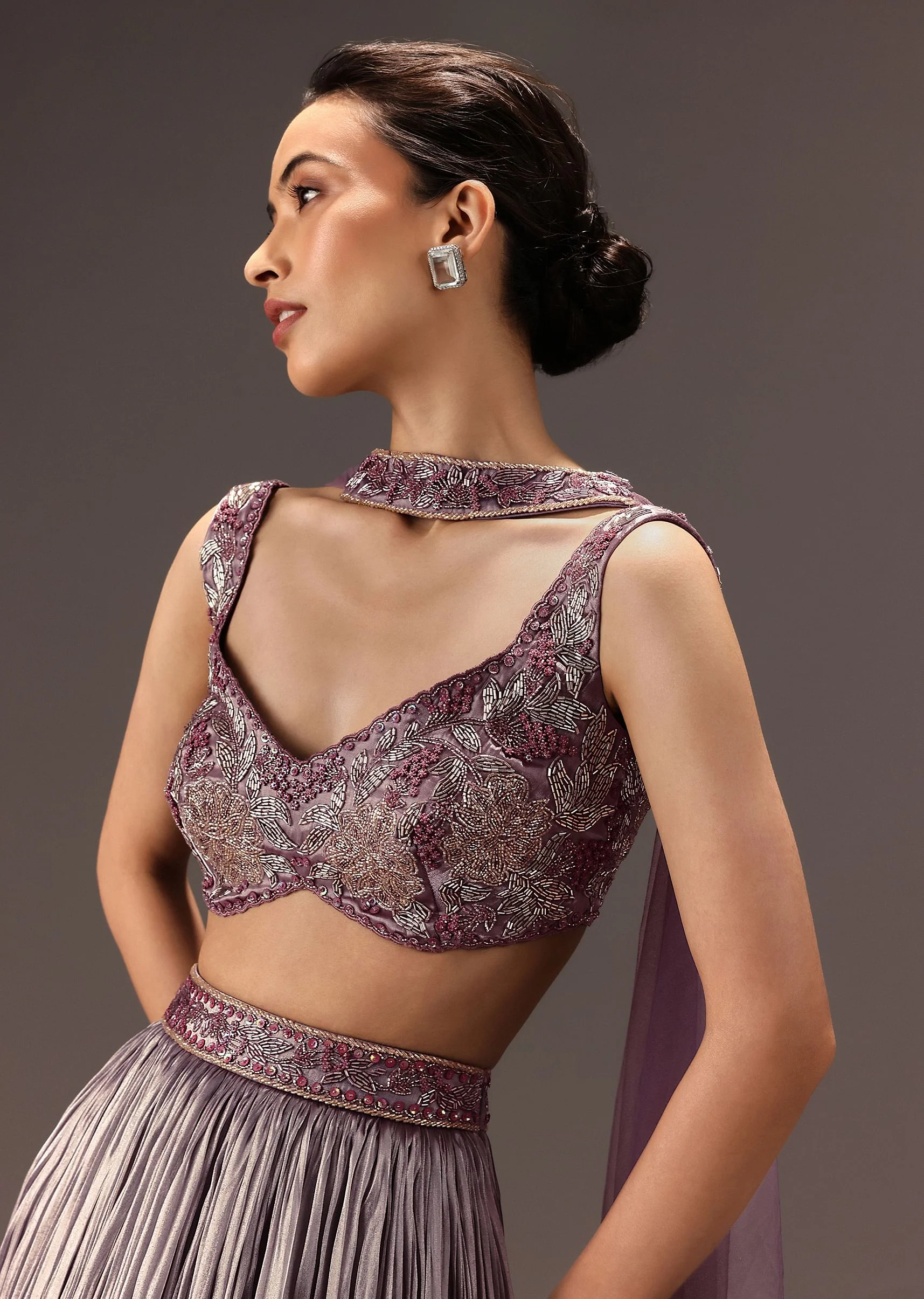 Purple Organza Hand Embellished Ruched Lehenga Set With Choker Dupatta - Image 4