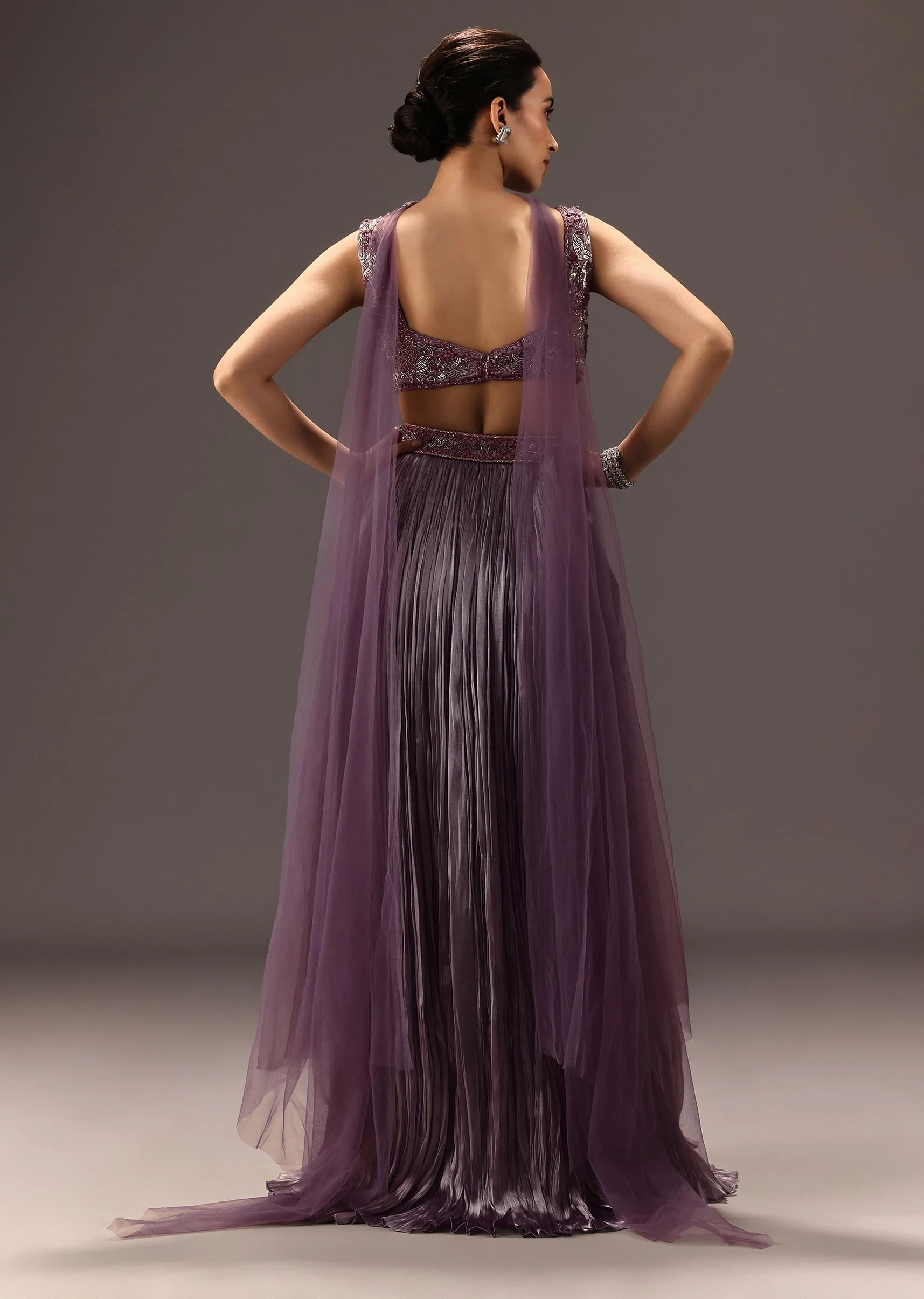 Purple Organza Hand Embellished Ruched Lehenga Set With Choker Dupatta - Image 5