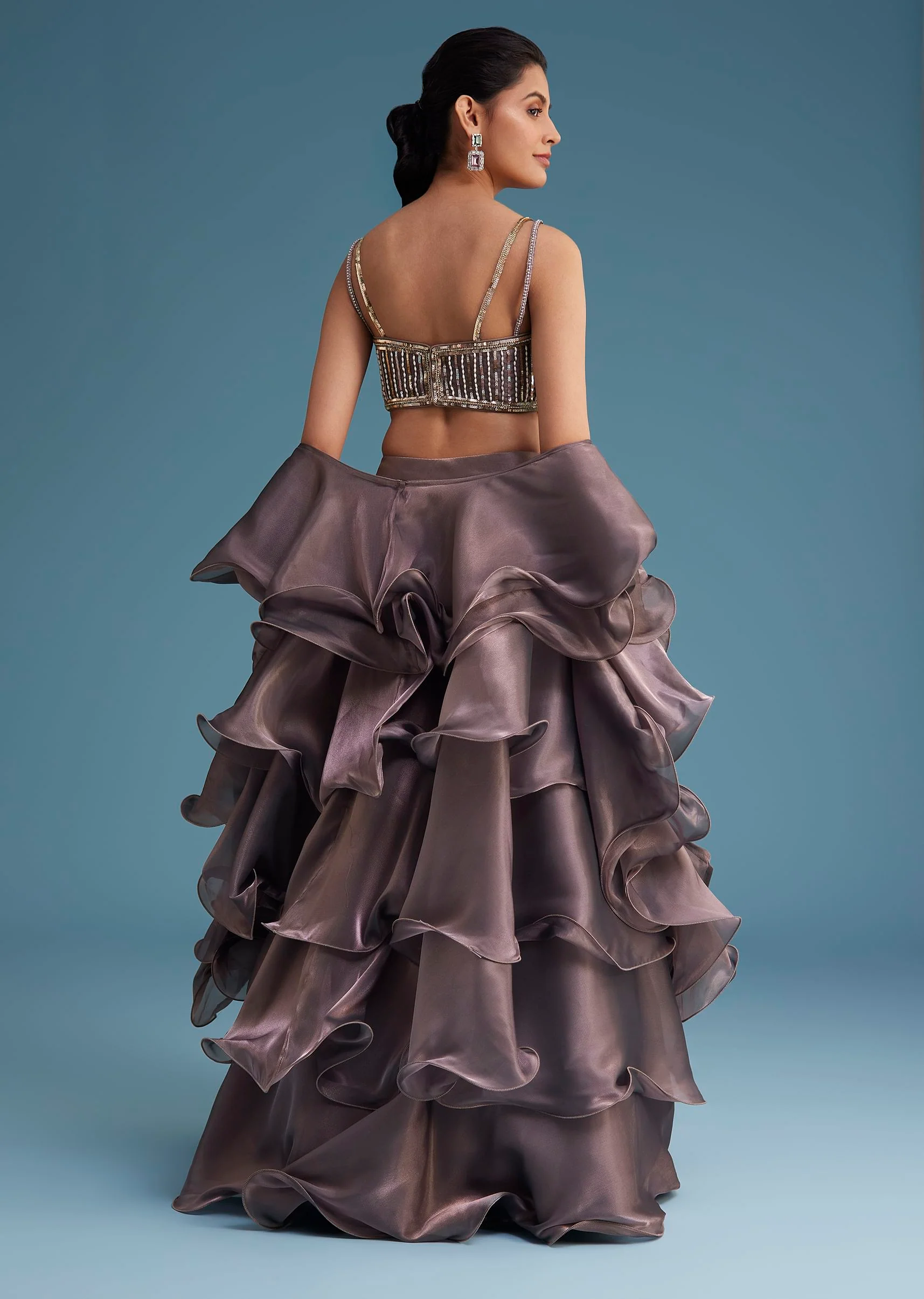 Purple Organza Ruffle Lehenga Set With Embellished Blouse - Image 5