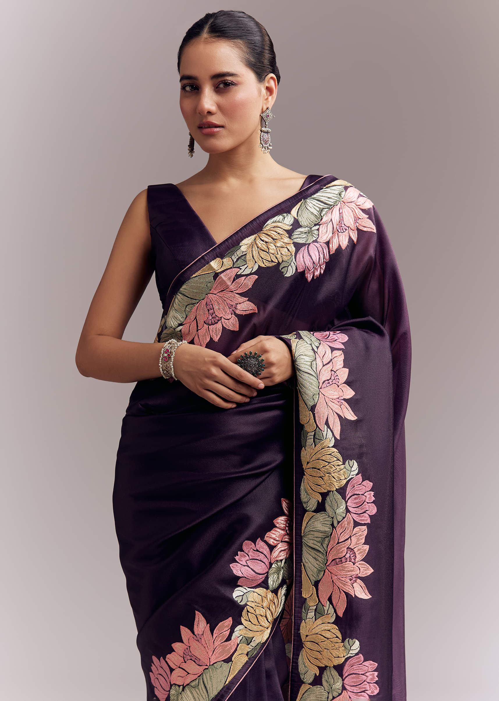 Purple Organza Silk Saree With Floral Resham Embroidery And Cutwork - Image 5