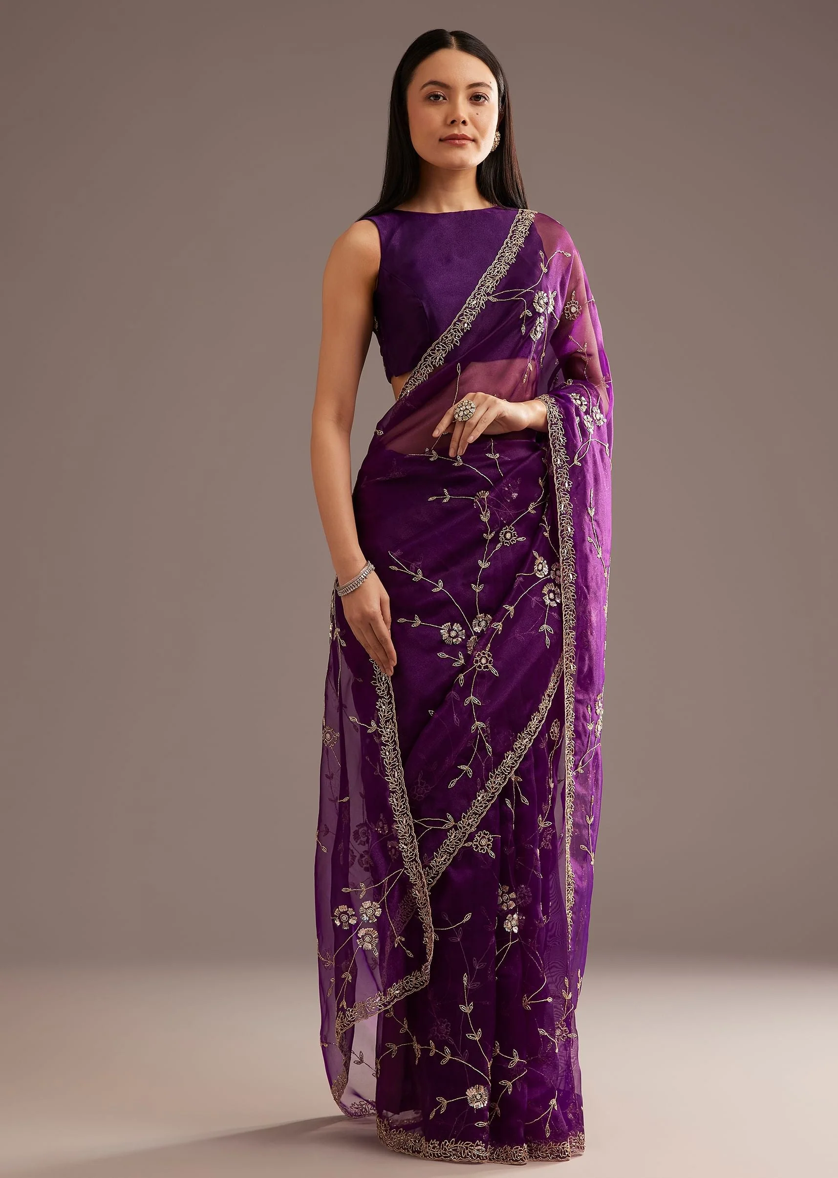 Purple Organza Tissue Ready To Wear Saree With Sequins And Cutdana Jaal - Image 3