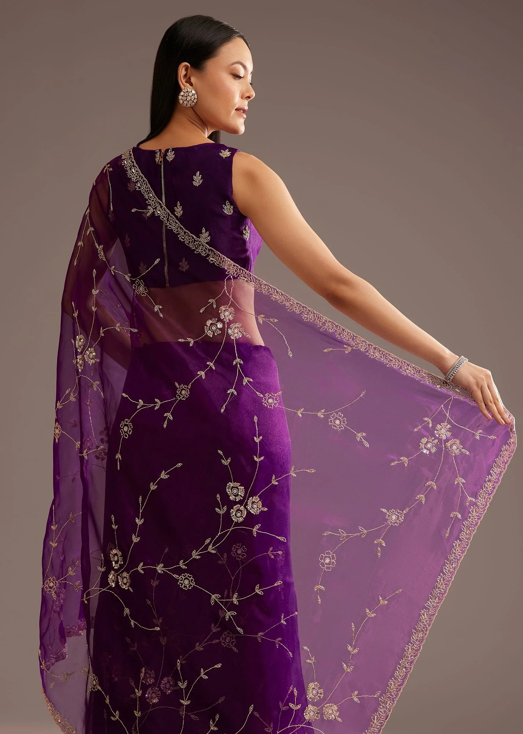 Purple Organza Tissue Ready To Wear Saree With Sequins And Cutdana Jaal - Image 4
