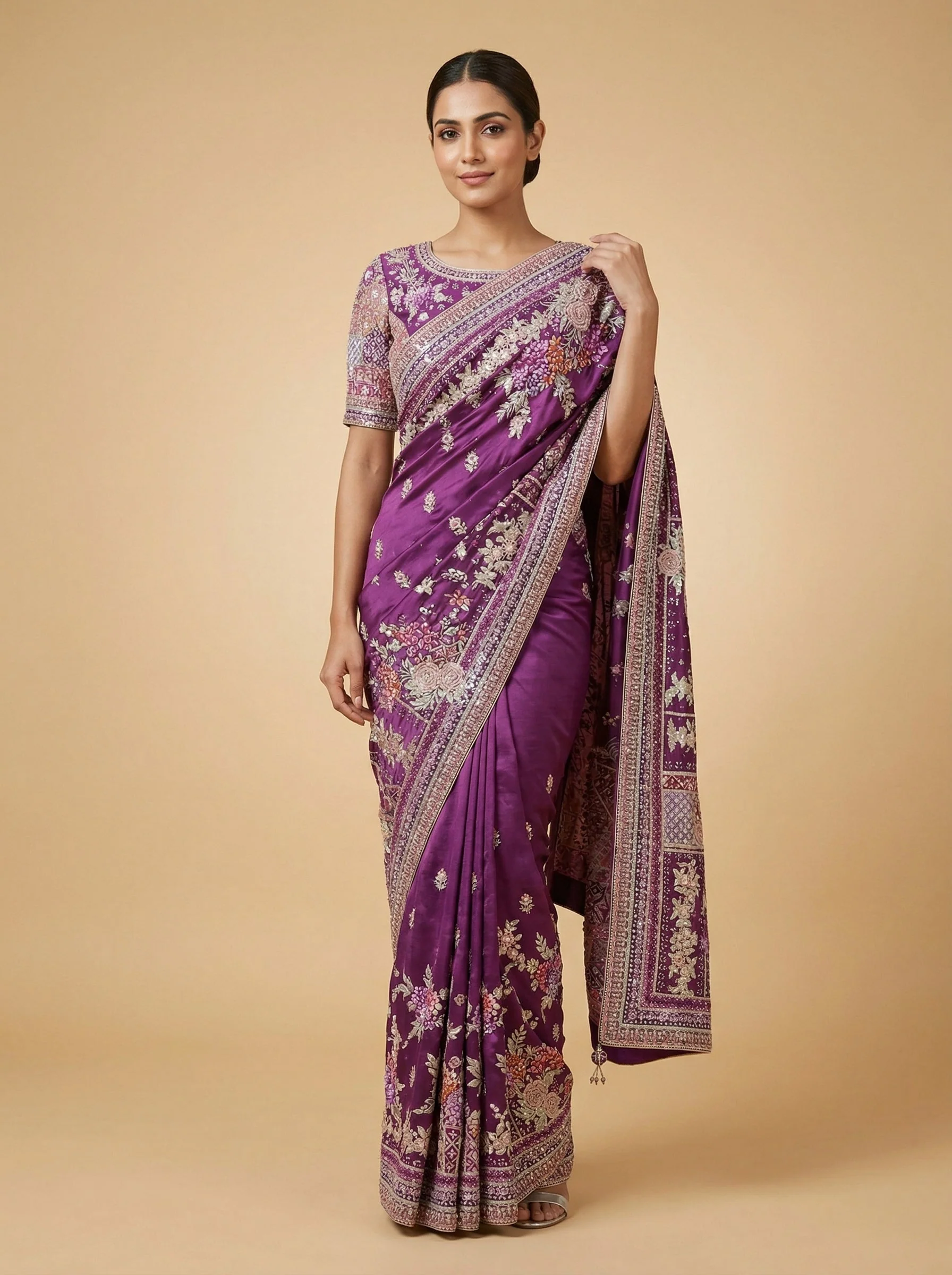 Purple Ornamental Embroidered Saree