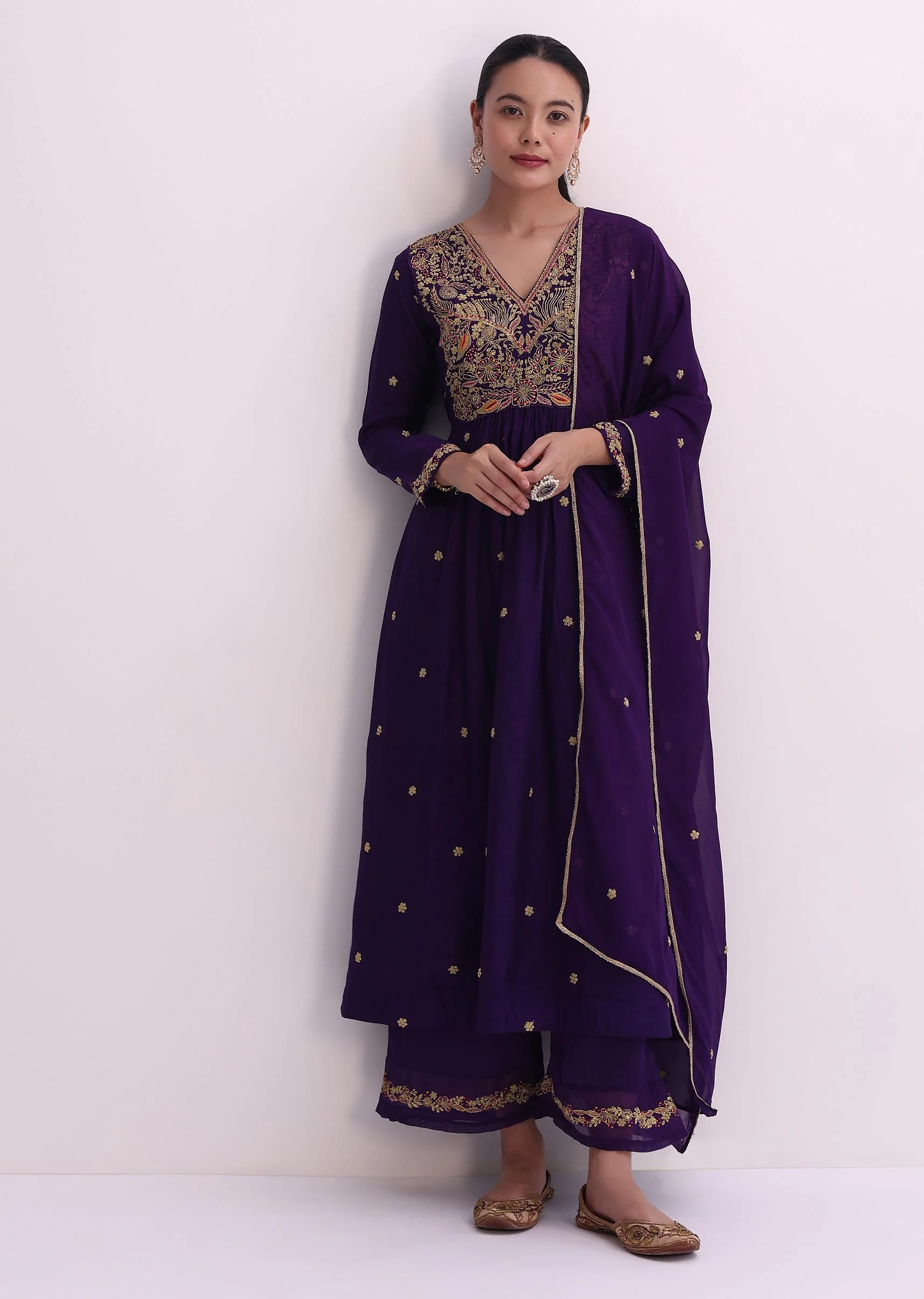 Purple Palazzo Set With Zari Embroidered A-Line Kurta And Dupatta - Image 5