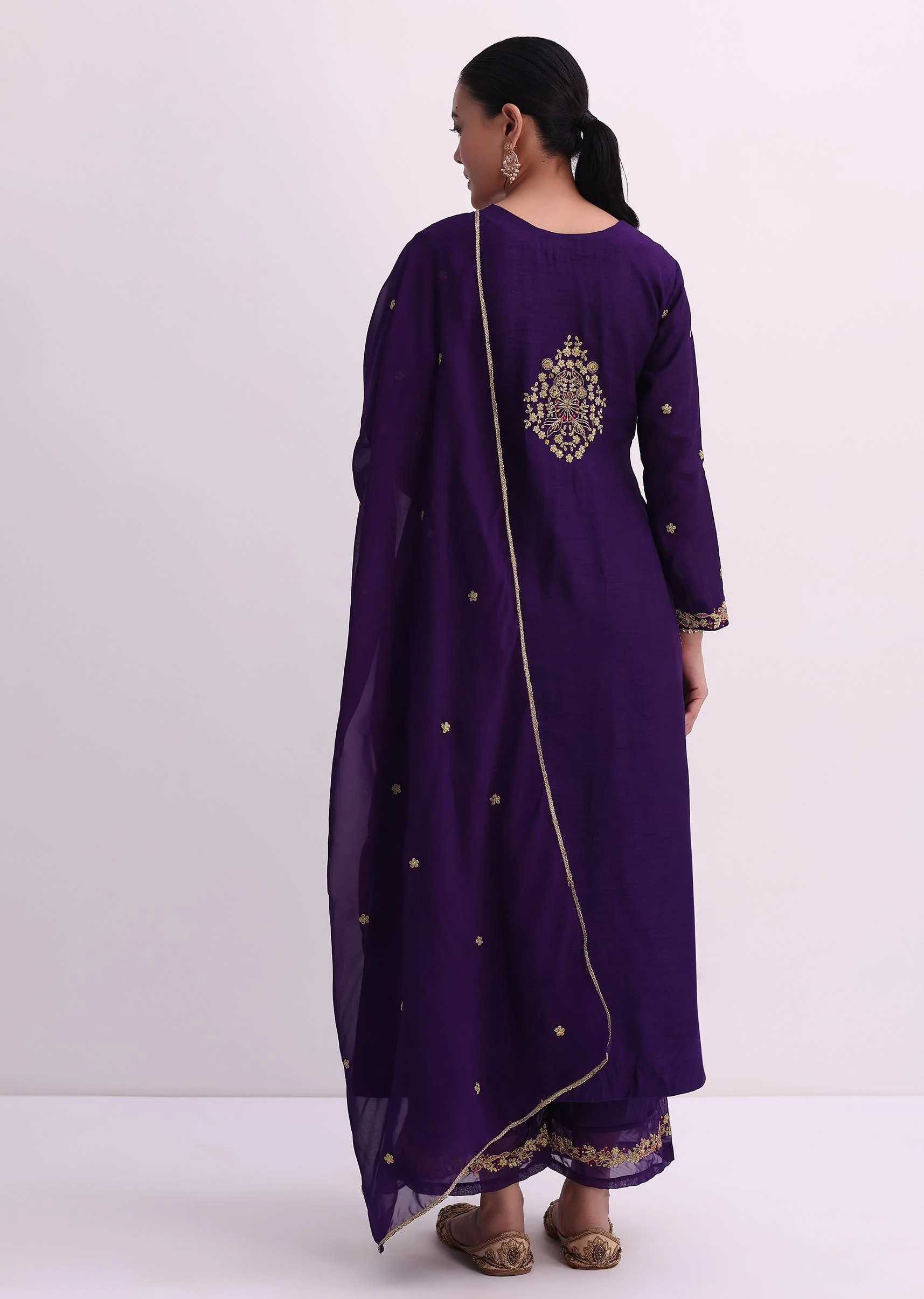 Purple Palazzo Set With Zari Embroidered A-Line Kurta And Dupatta - Image 6
