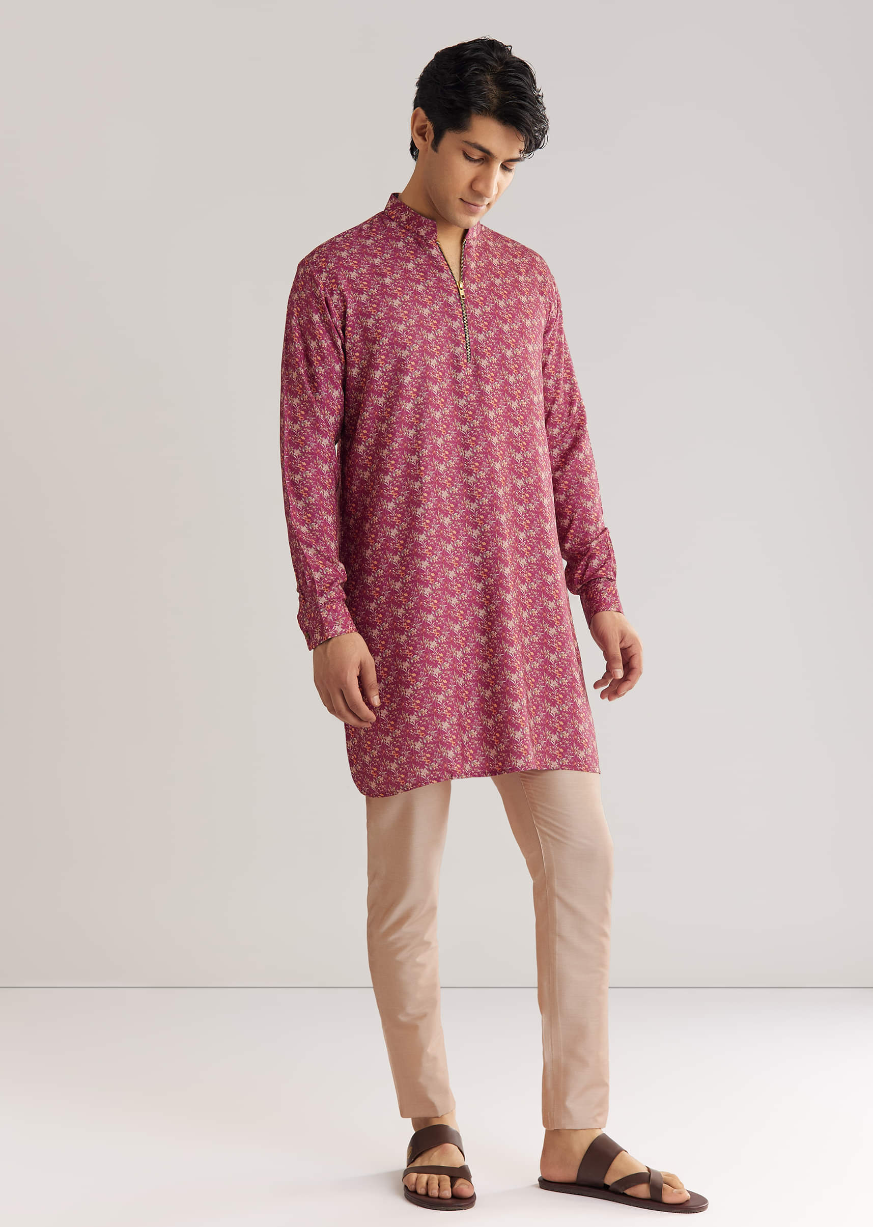 Purple Pashmina Zipper Kurta Pant Set - Image 4