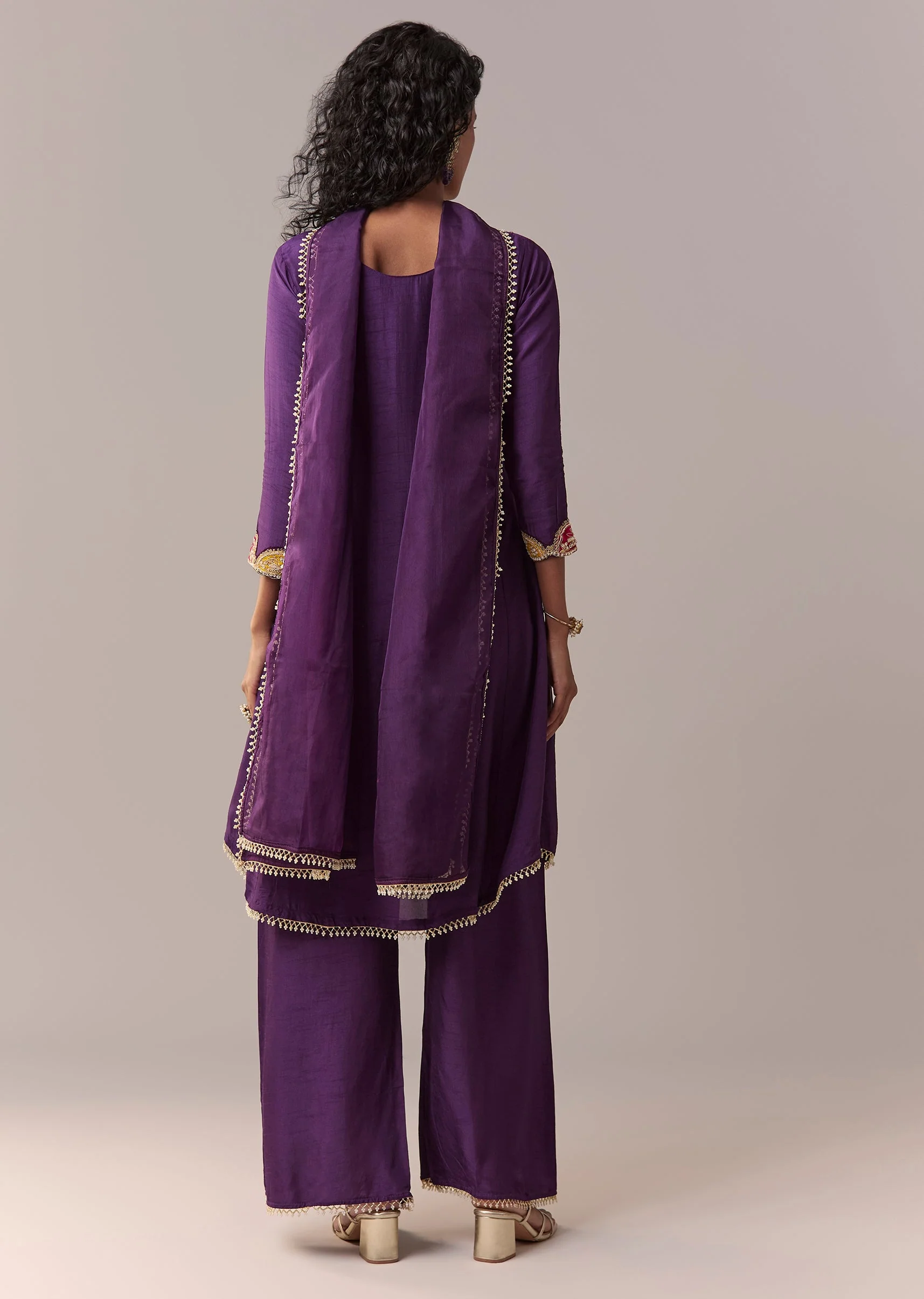 Purple Patchwork Zardosi & Thread Anarkali Set With Dupatta - Image 5