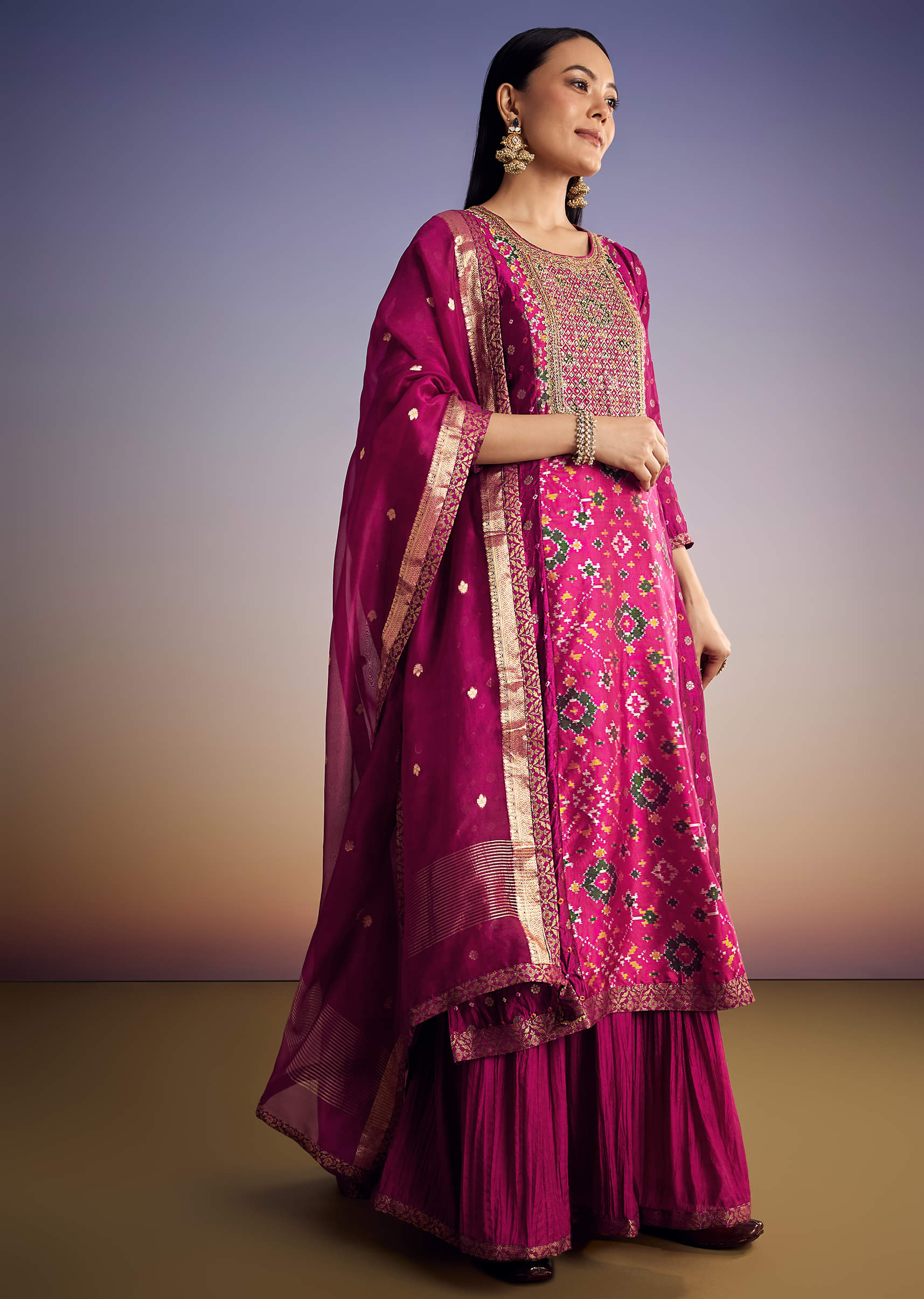 Purple Patola And Bandhani Print Kurta Set With Banarasi Dupatta - Image 3