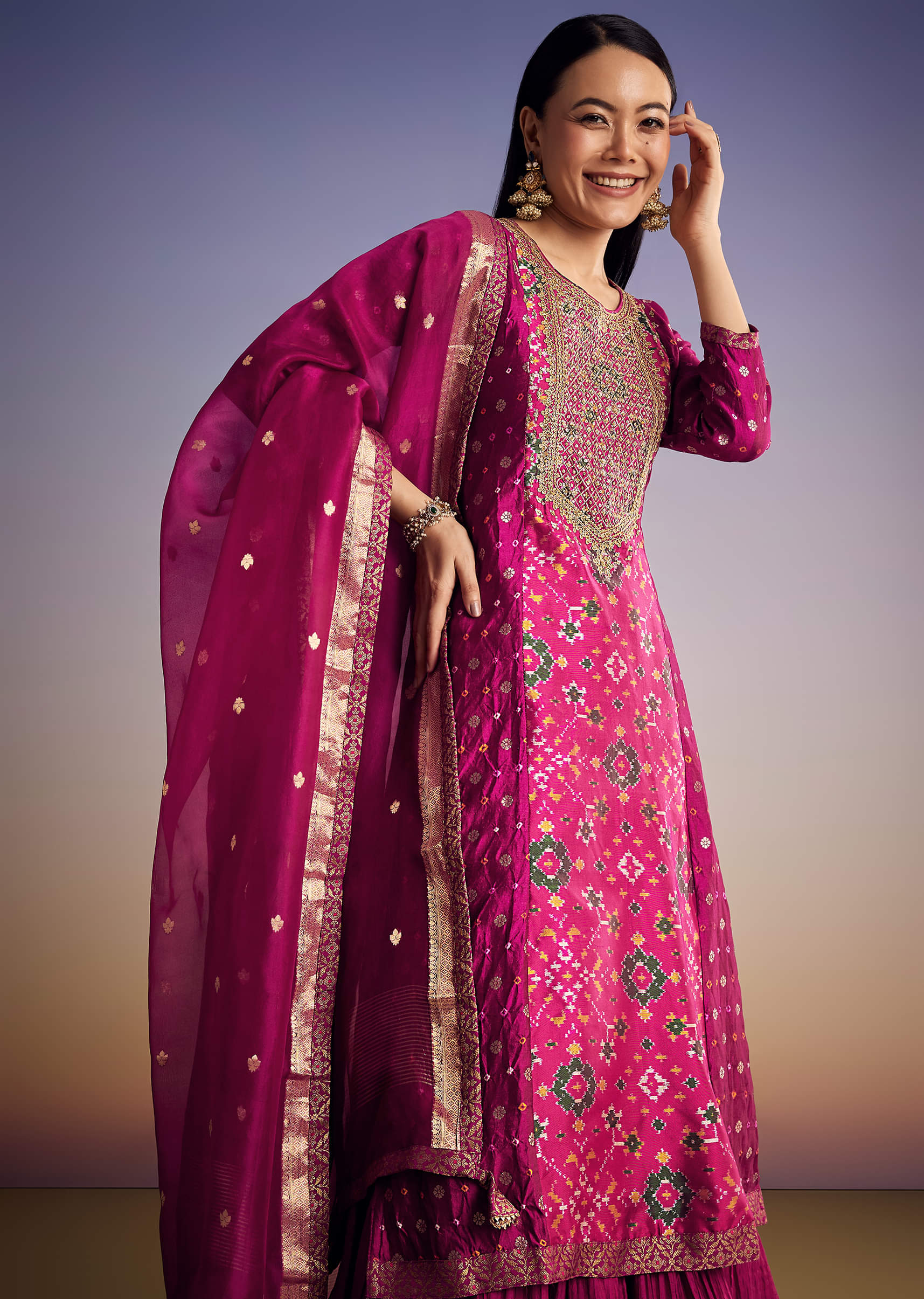 Purple Patola And Bandhani Print Kurta Set With Banarasi Dupatta - Image 4