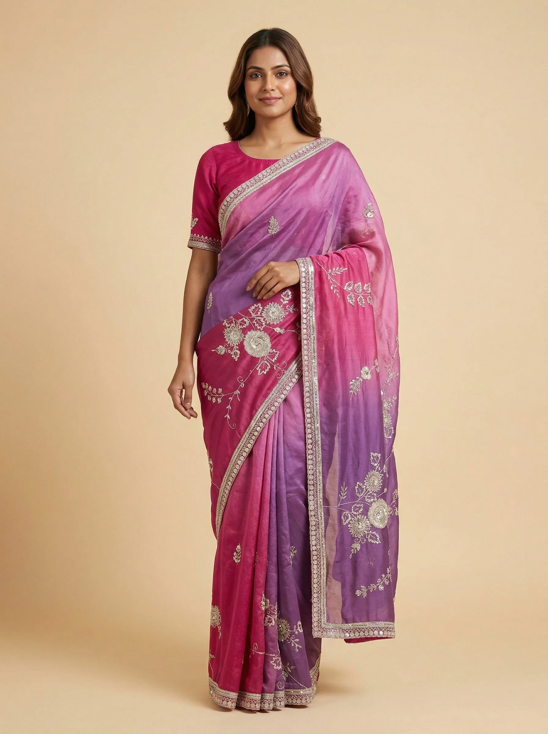 Purple Present-Day Embroidered Saree