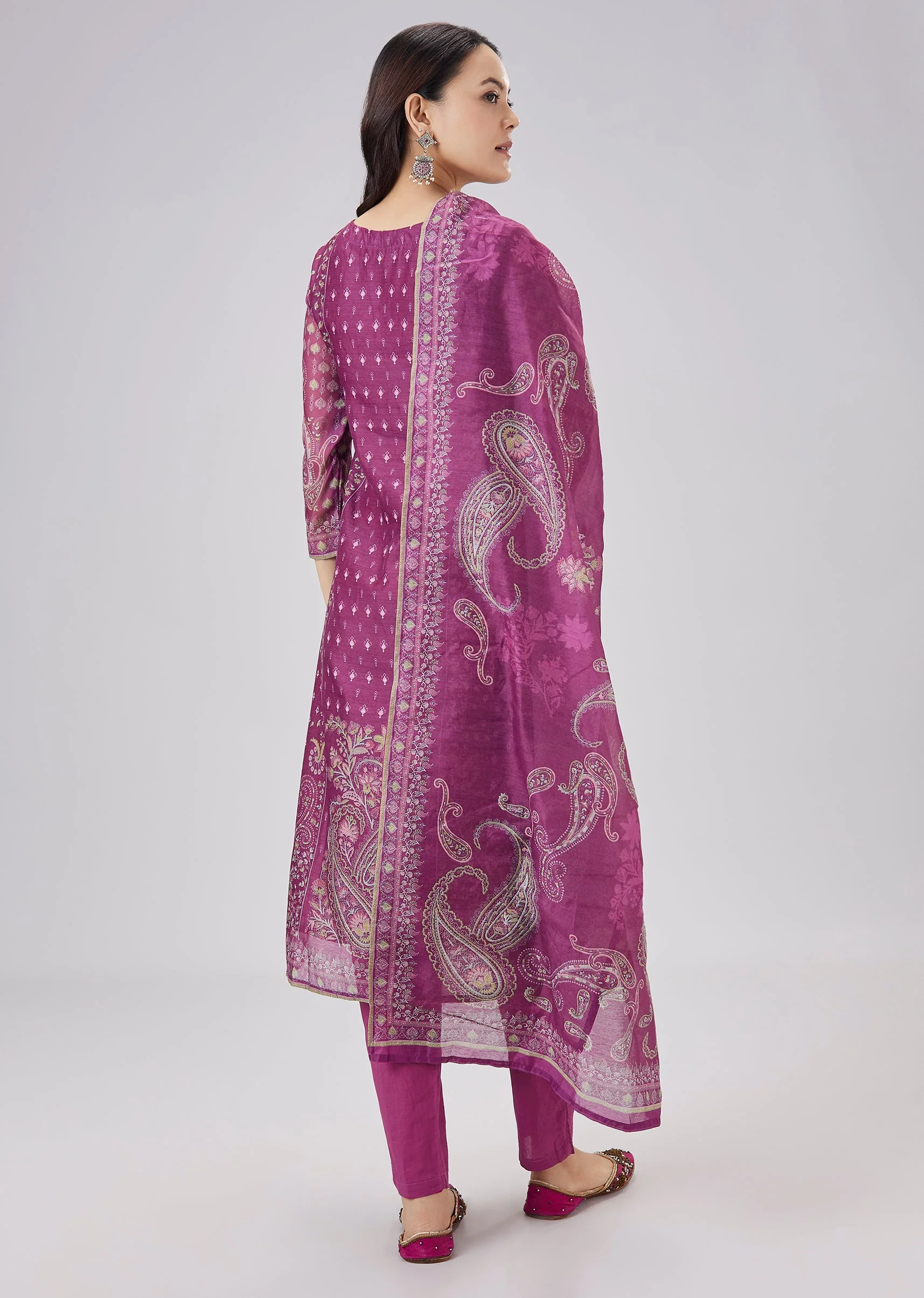 Purple Printed Chanderi Kurta Set With Dupatta - Image 5