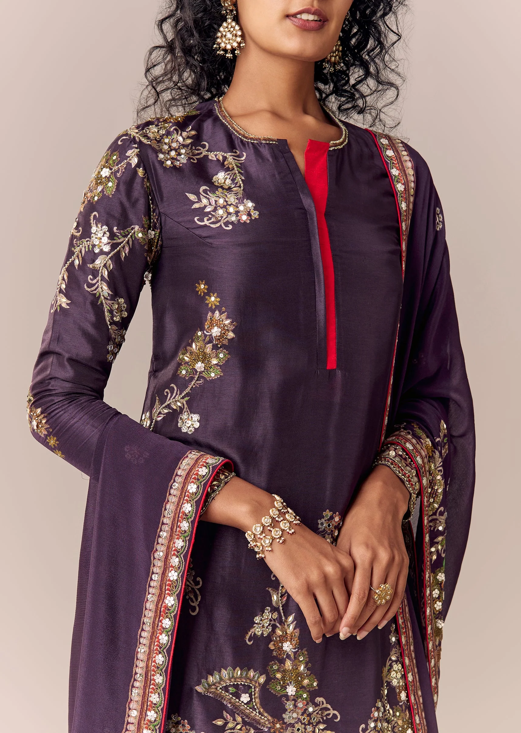 Purple Printed Kurta Palazzo Set With Dupatta - Image 2