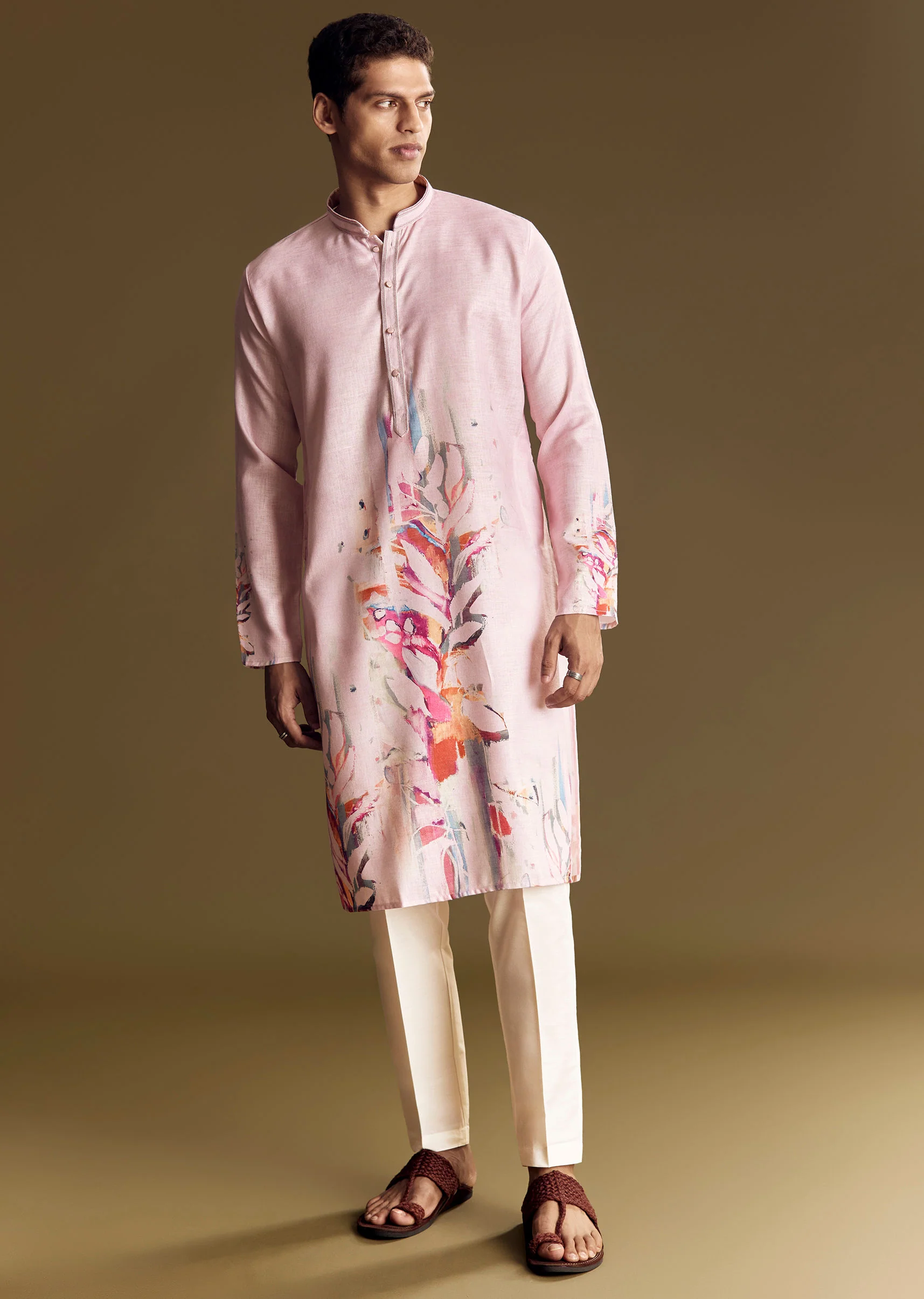 Purple Printed Linen Kurta Set With Mandarin Collar - Image 3