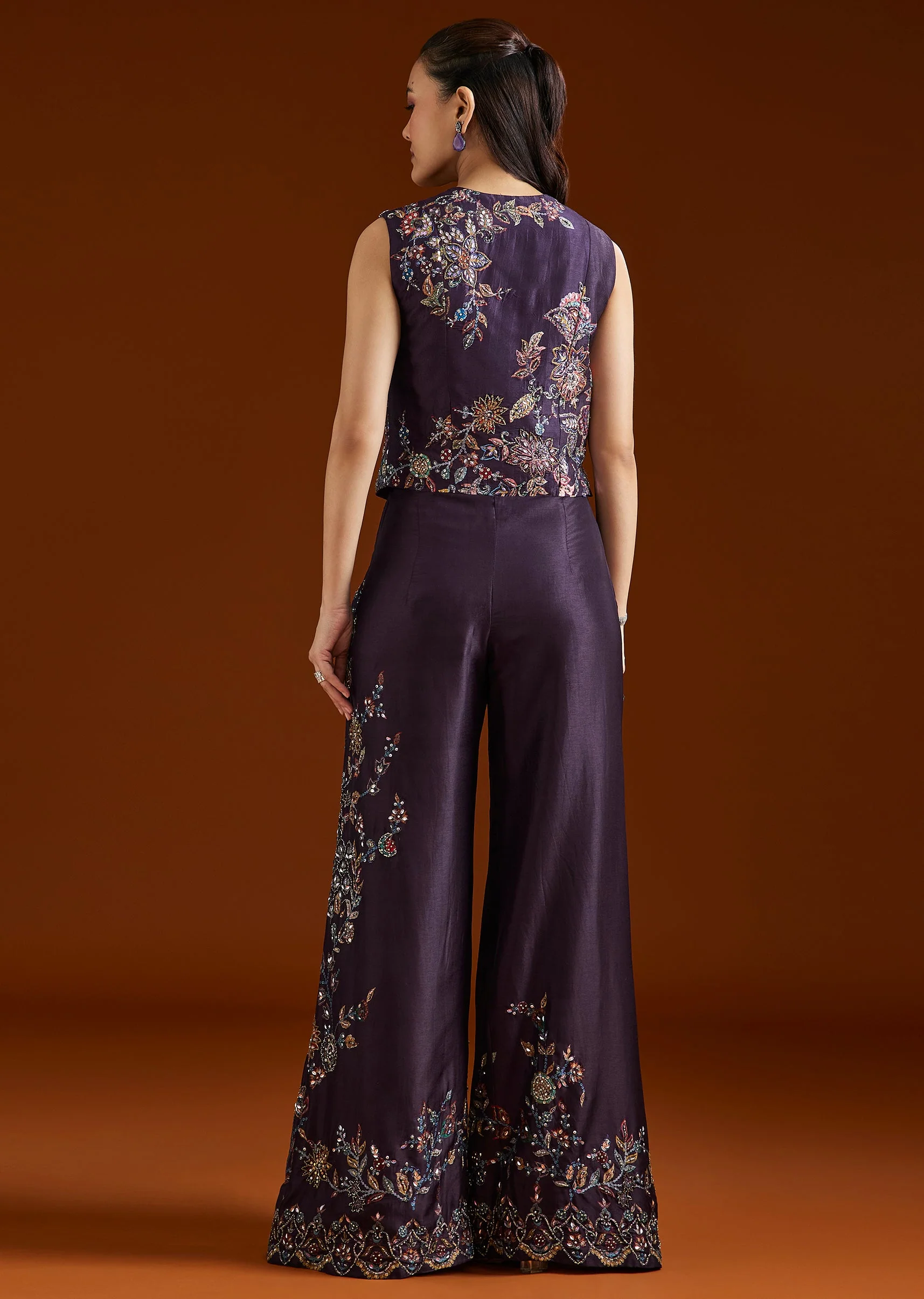 Purple Printed Silk Blend Crop Top Palazzo Set - Image 6