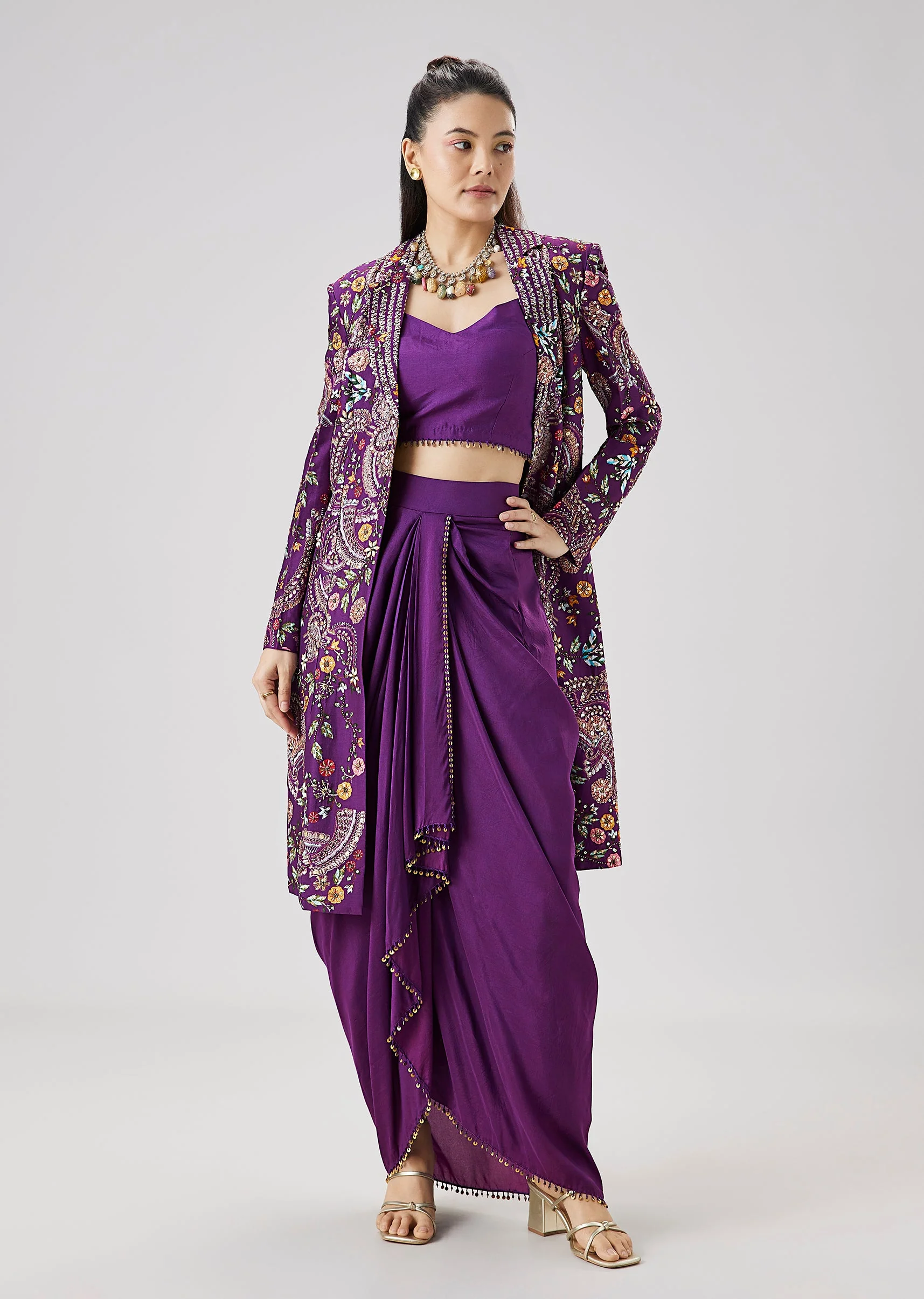 Purple Printed Silk Crop Top Skirt Set With Embellished Jacket
