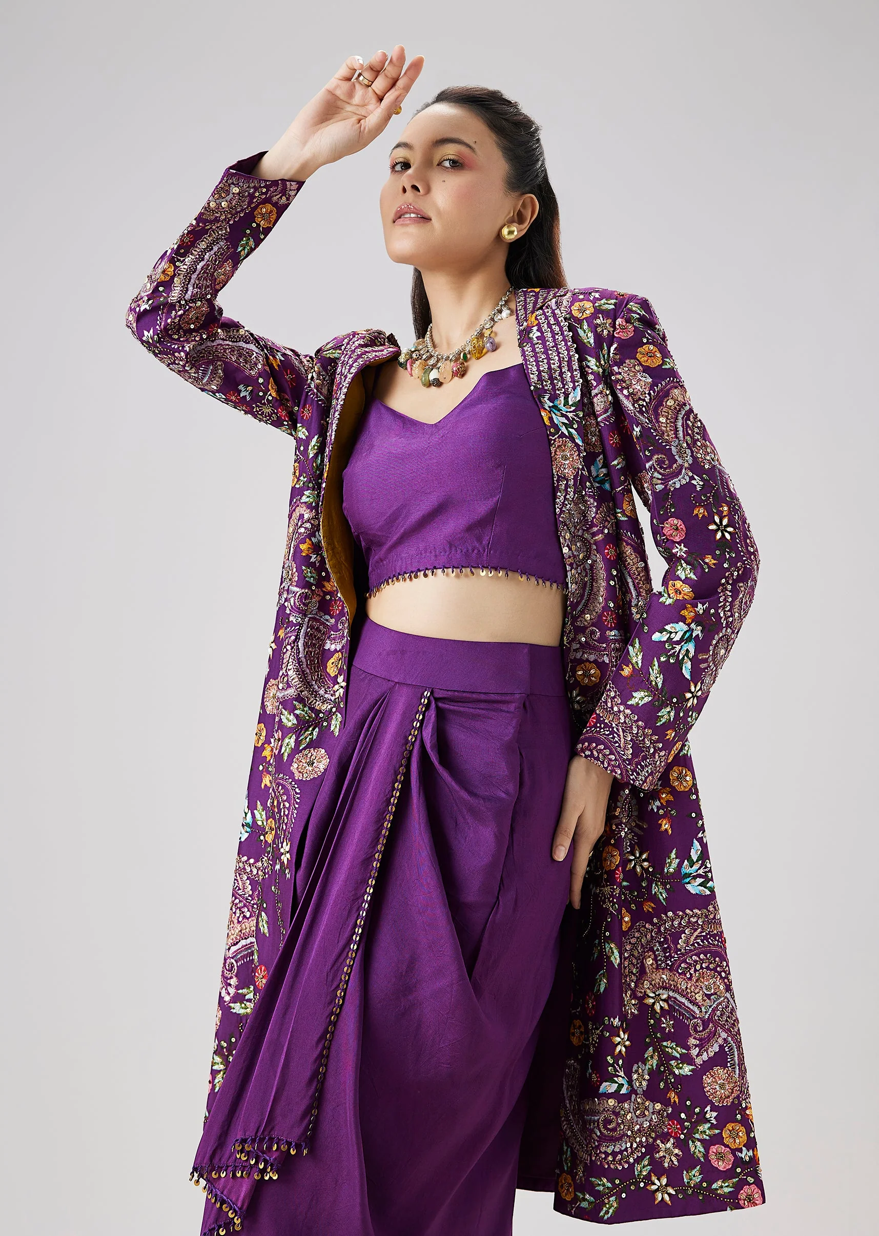 Purple Printed Silk Crop Top Skirt Set With Embellished Jacket - Image 4
