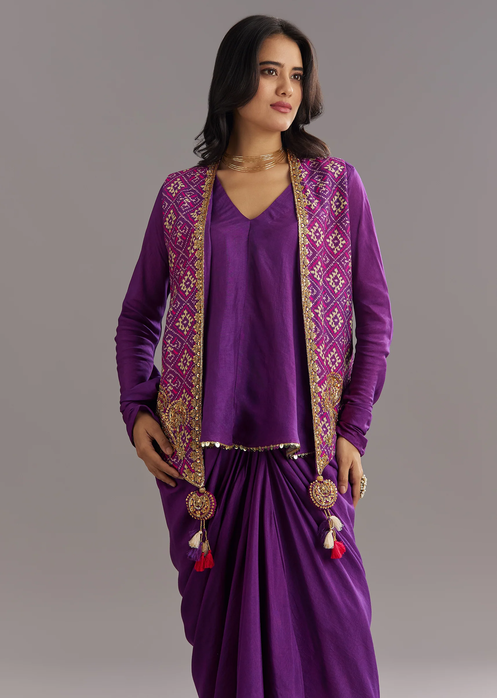 Purple Russian Silk Jacket Set With Zardosi Border and Fancy Pleated Skirt - Image 2