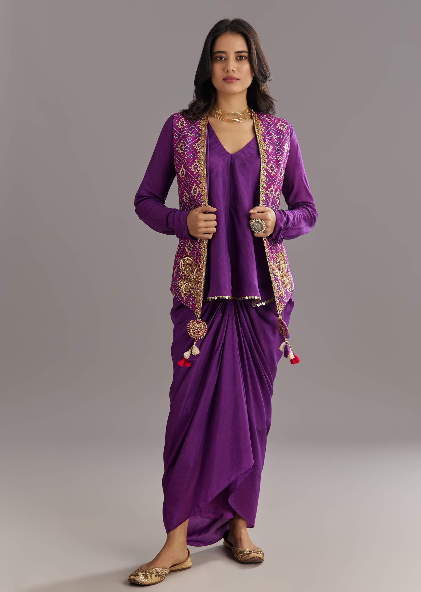 Purple Russian Silk Jacket Set With Zardosi Border and Fancy Pleated Skirt - Image 3