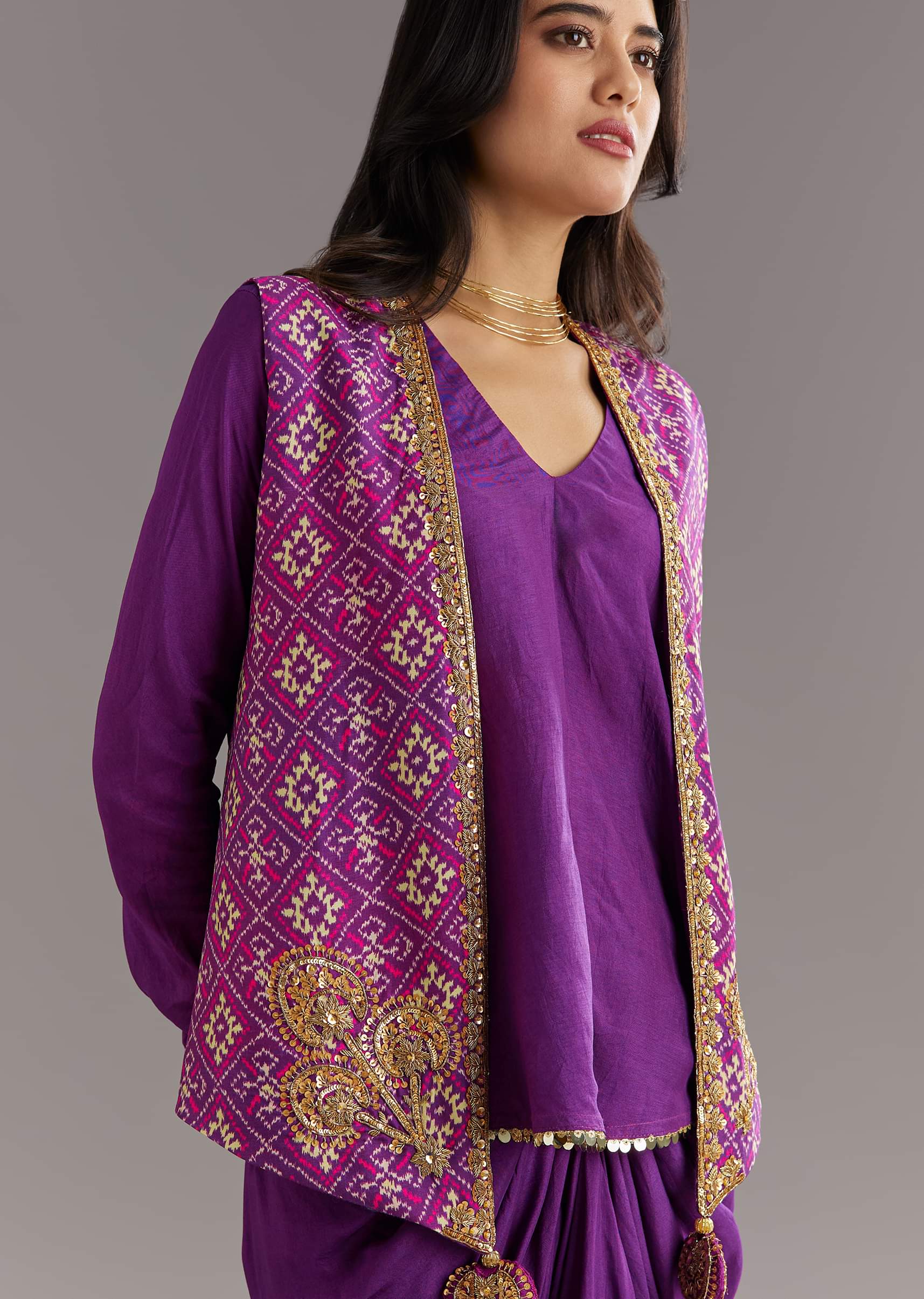 Purple Russian Silk Jacket Set With Zardosi Border and Fancy Pleated Skirt - Image 4
