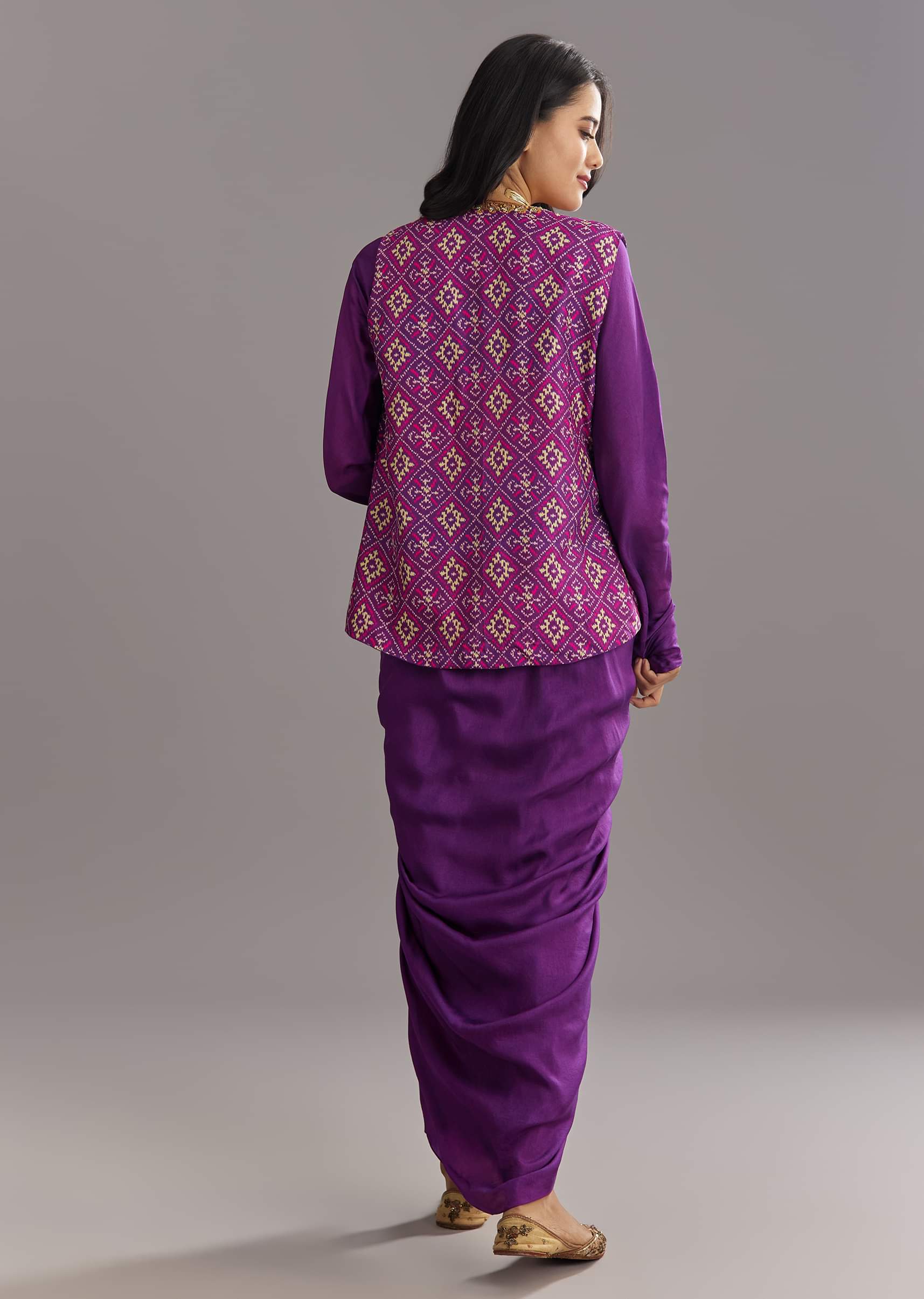 Purple Russian Silk Jacket Set With Zardosi Border and Fancy Pleated Skirt - Image 5