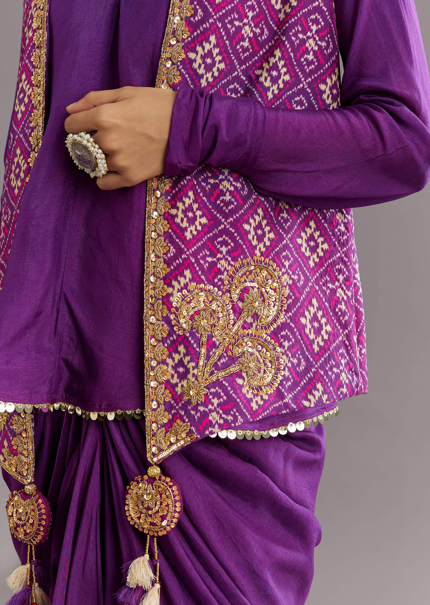 Purple Russian Silk Jacket Set With Zardosi Border and Fancy Pleated Skirt - Image 6