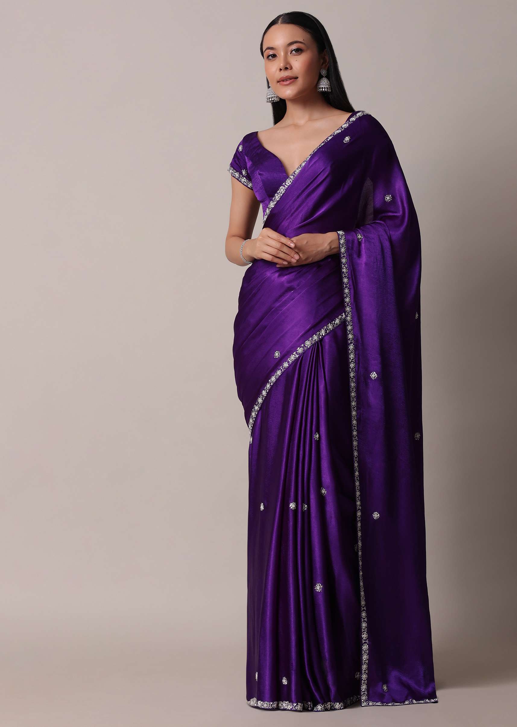 Purple Satin Chinon Saree With Stone Embellishments And Unstitched Blouse Piece - Image 5