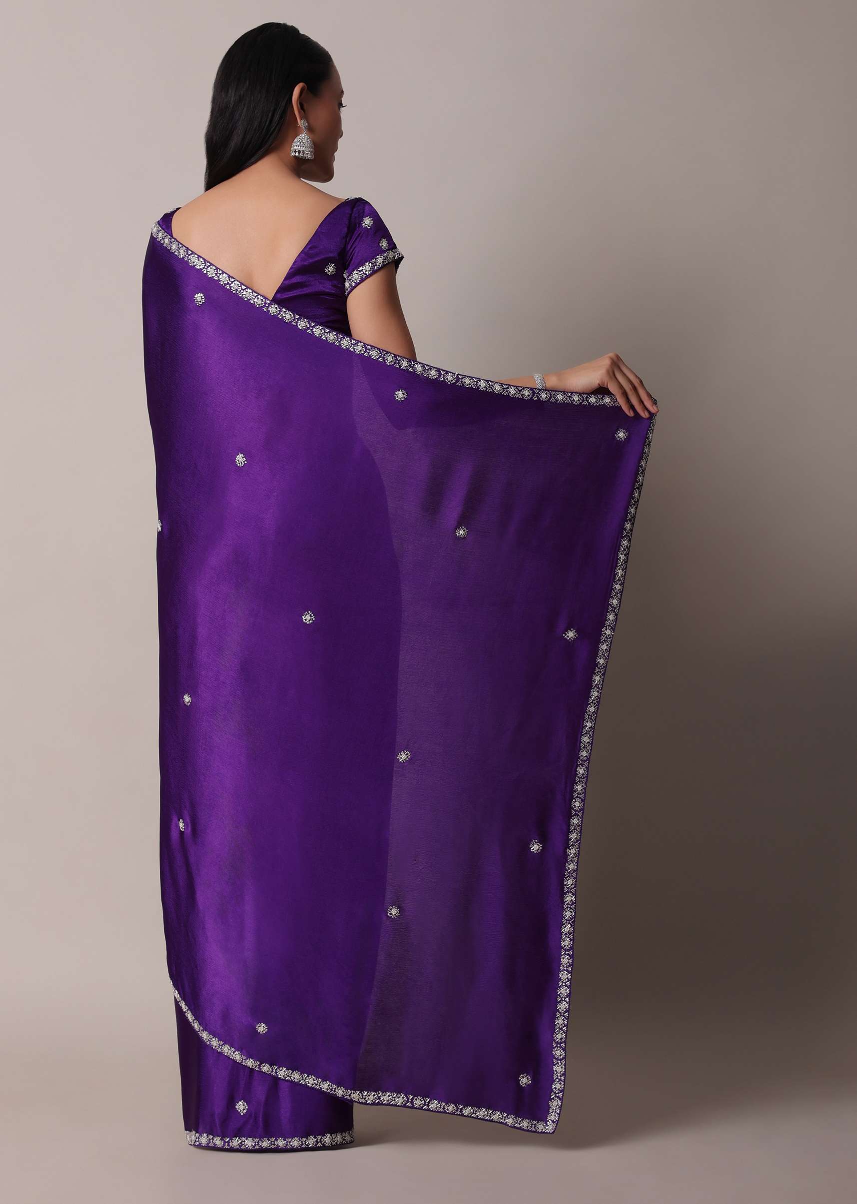 Purple Satin Chinon Saree With Stone Embellishments And Unstitched Blouse Piece - Image 6