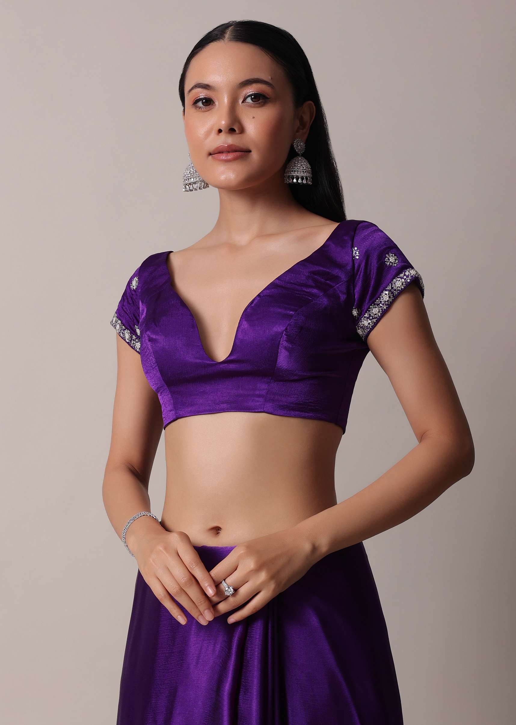 Purple Satin Chinon Saree With Stone Embellishments And Unstitched Blouse Piece - Image 7