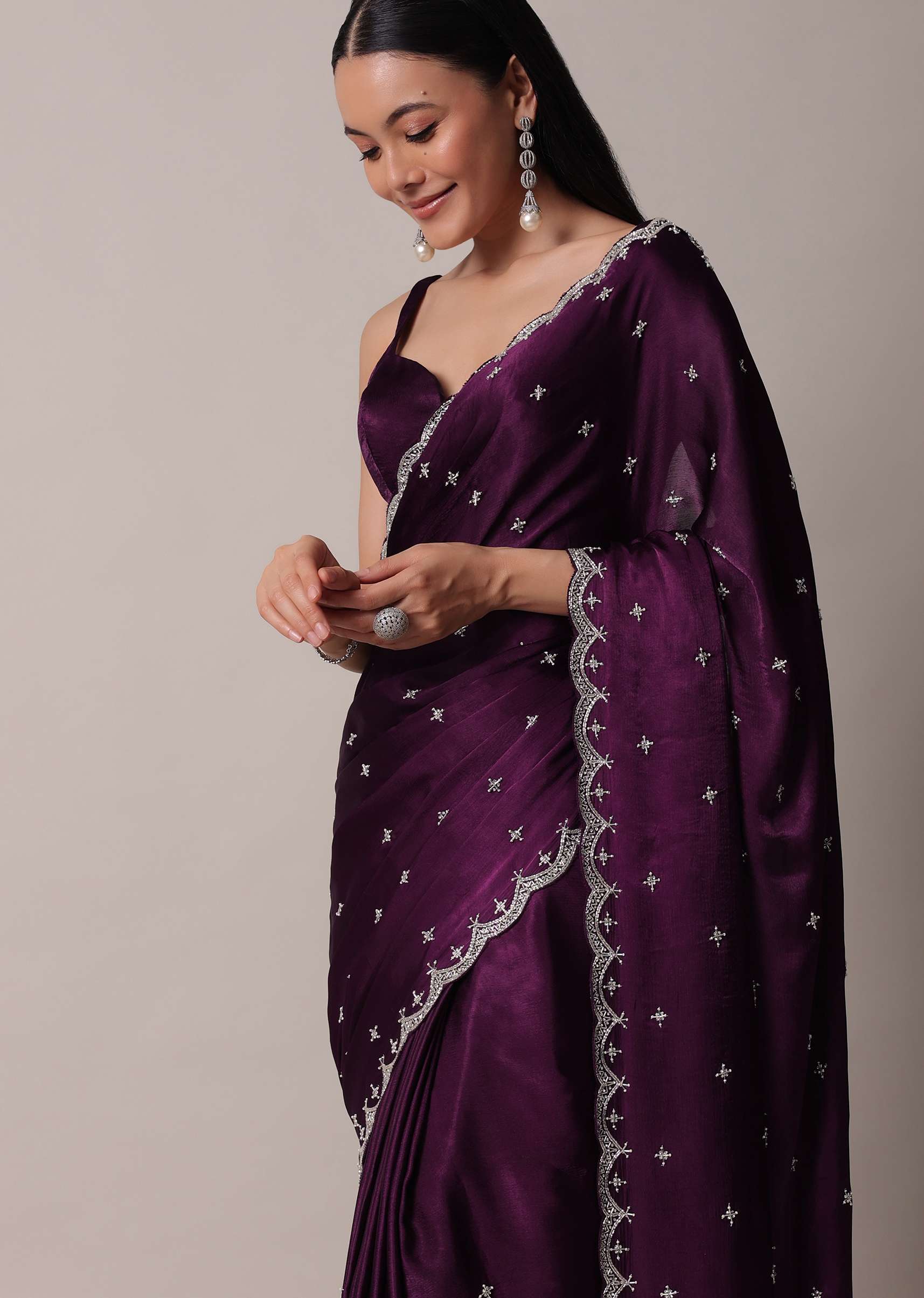 Purple Satin Chinon Saree With Stone Work And Unstitched Blouse Piece - Image 2