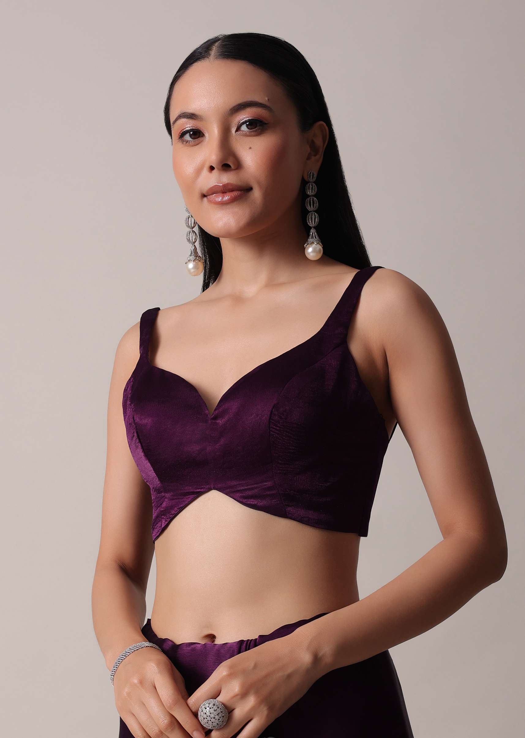 Purple Satin Chinon Saree With Stone Work And Unstitched Blouse Piece - Image 7