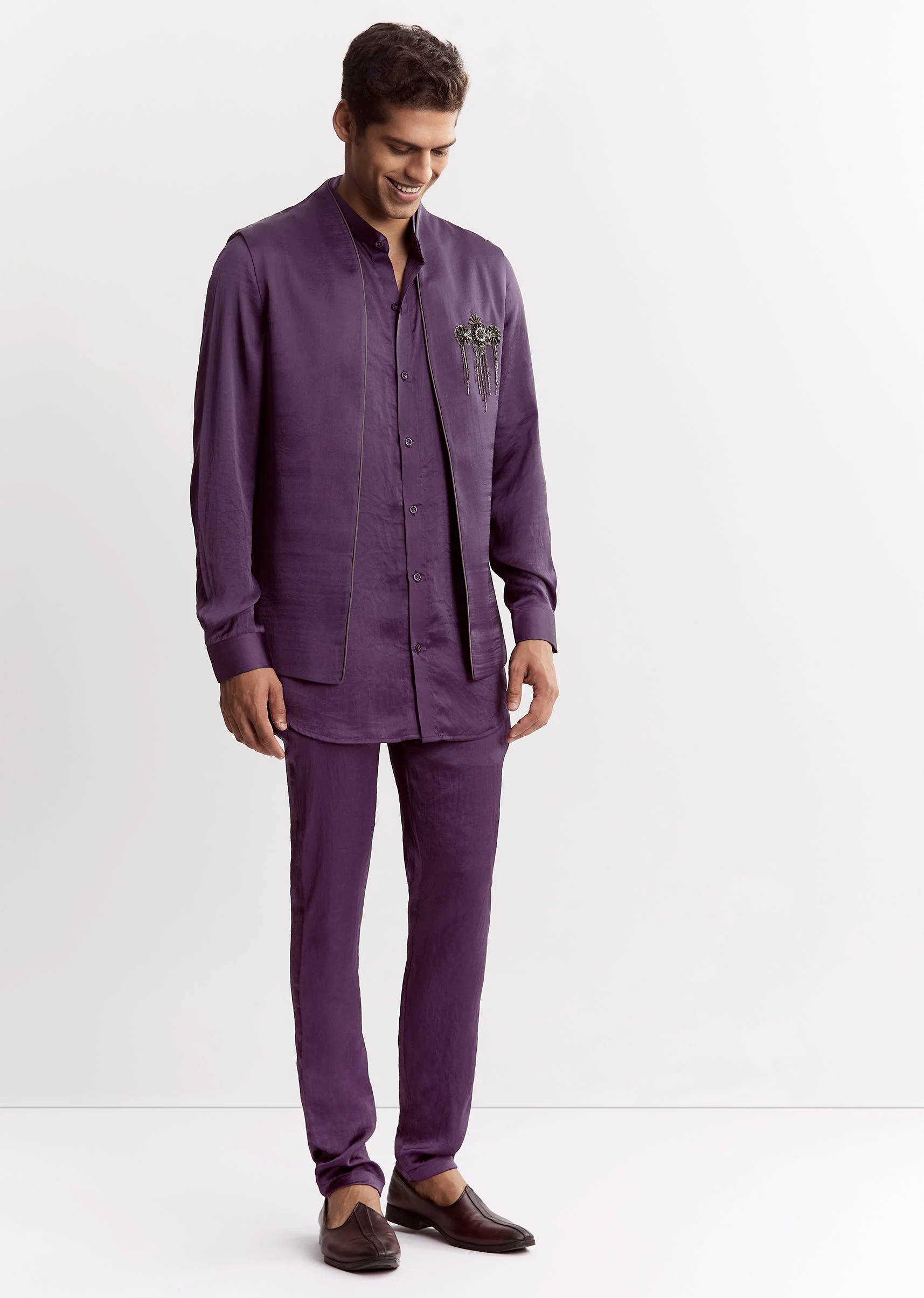 Purple Satin Jacket Kurta Set With Metal Embellishment - Image 2