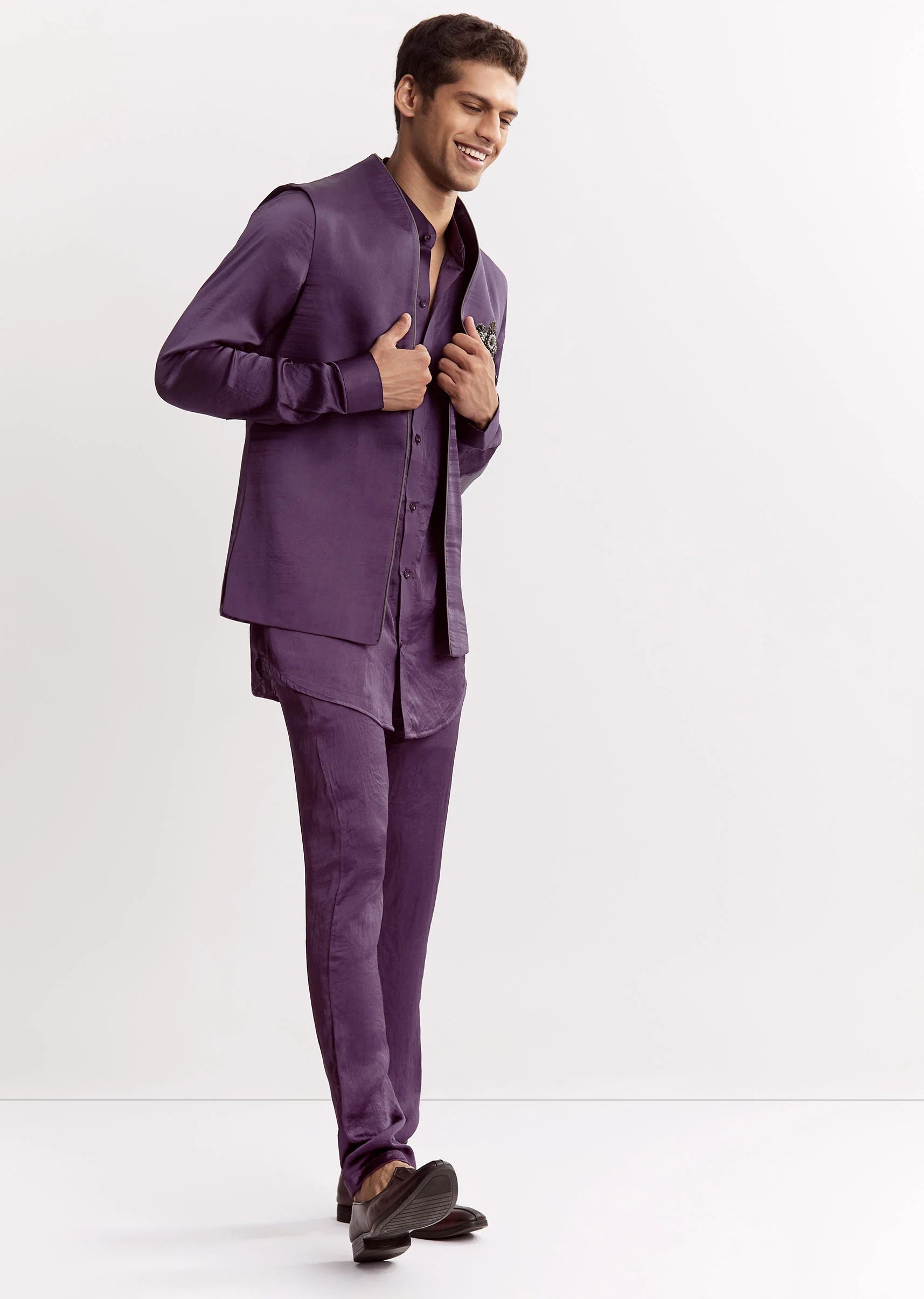 Purple Satin Jacket Kurta Set With Metal Embellishment - Image 4