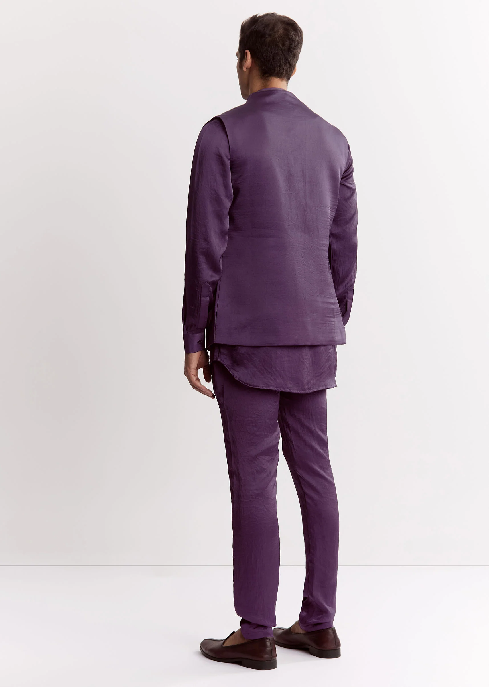 Purple Satin Jacket Kurta Set With Metal Embellishment - Image 5