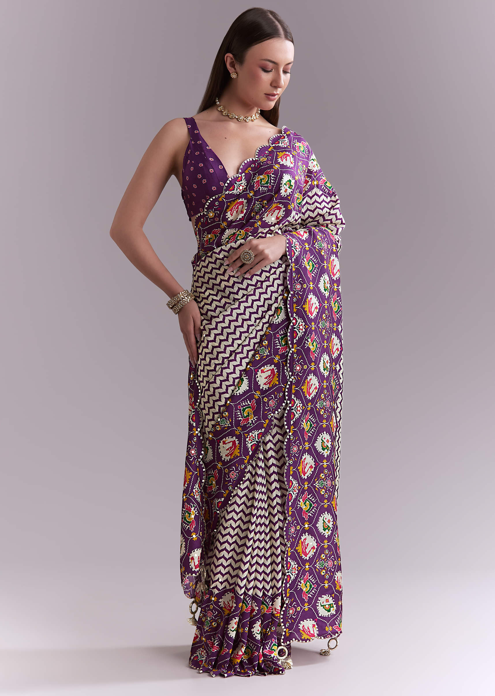 Purple Satin Saree With Ikat Print And Nature Motifs - Image 3