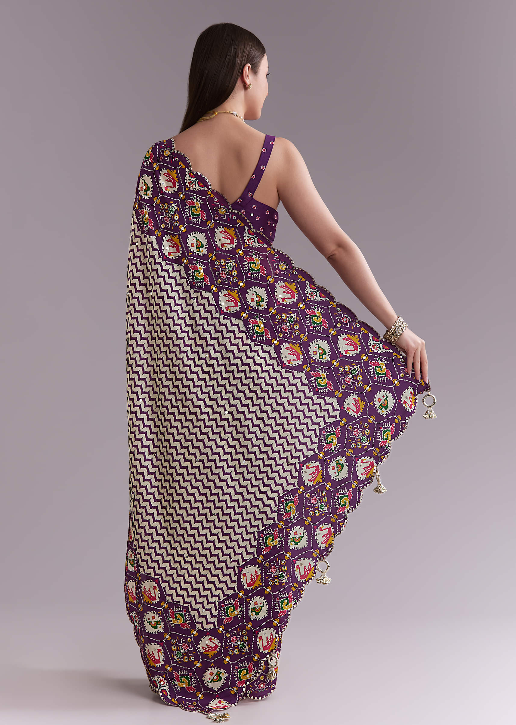 Purple Satin Saree With Ikat Print And Nature Motifs - Image 4