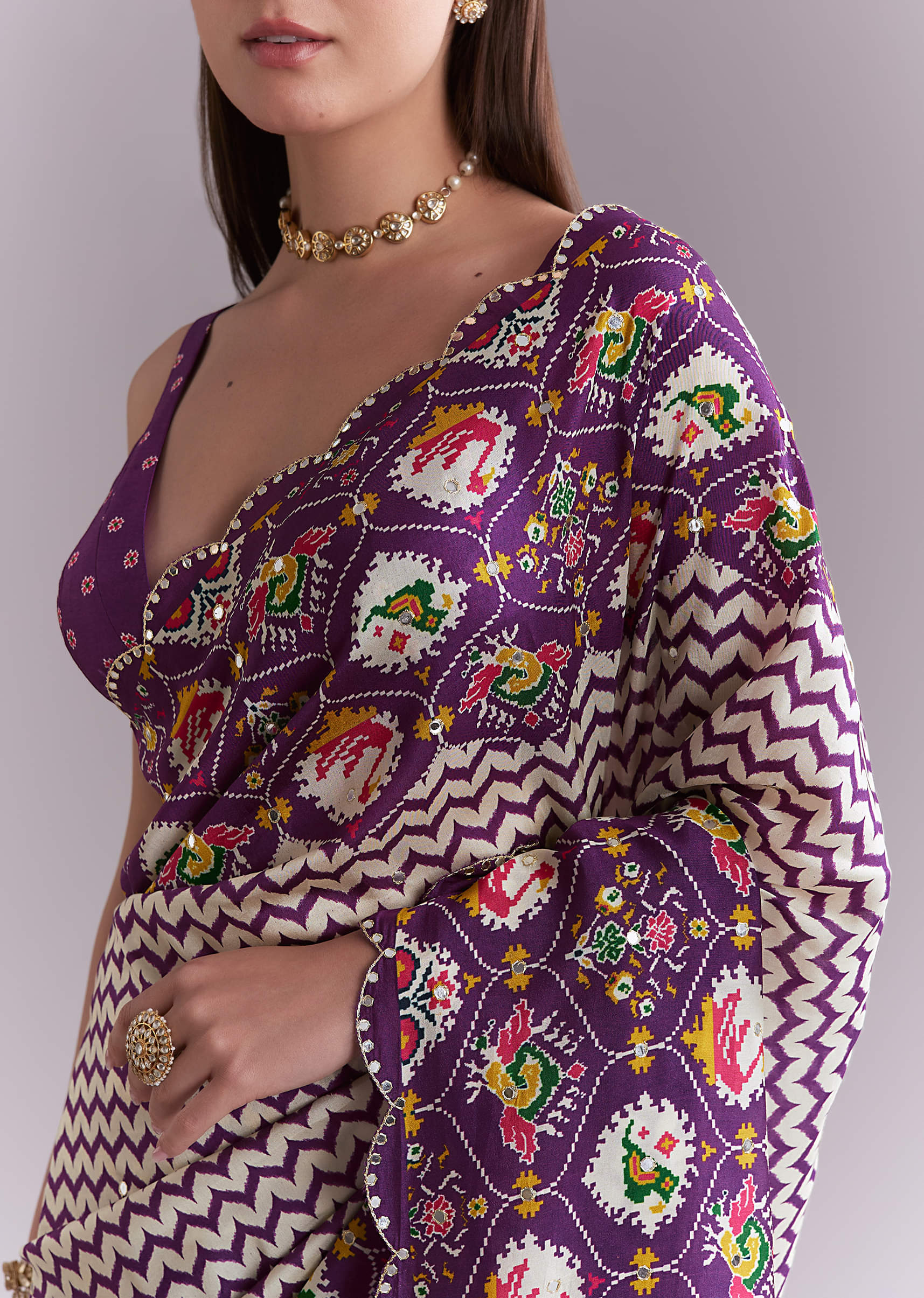 Purple Satin Saree With Ikat Print And Nature Motifs - Image 5