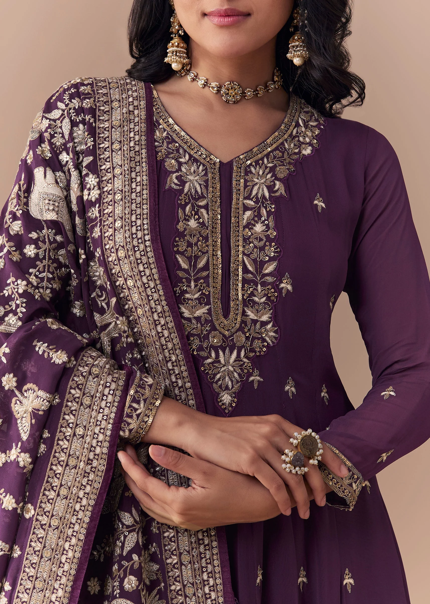 Purple Sequin Embellished Georgette Anarkali Set - Image 2