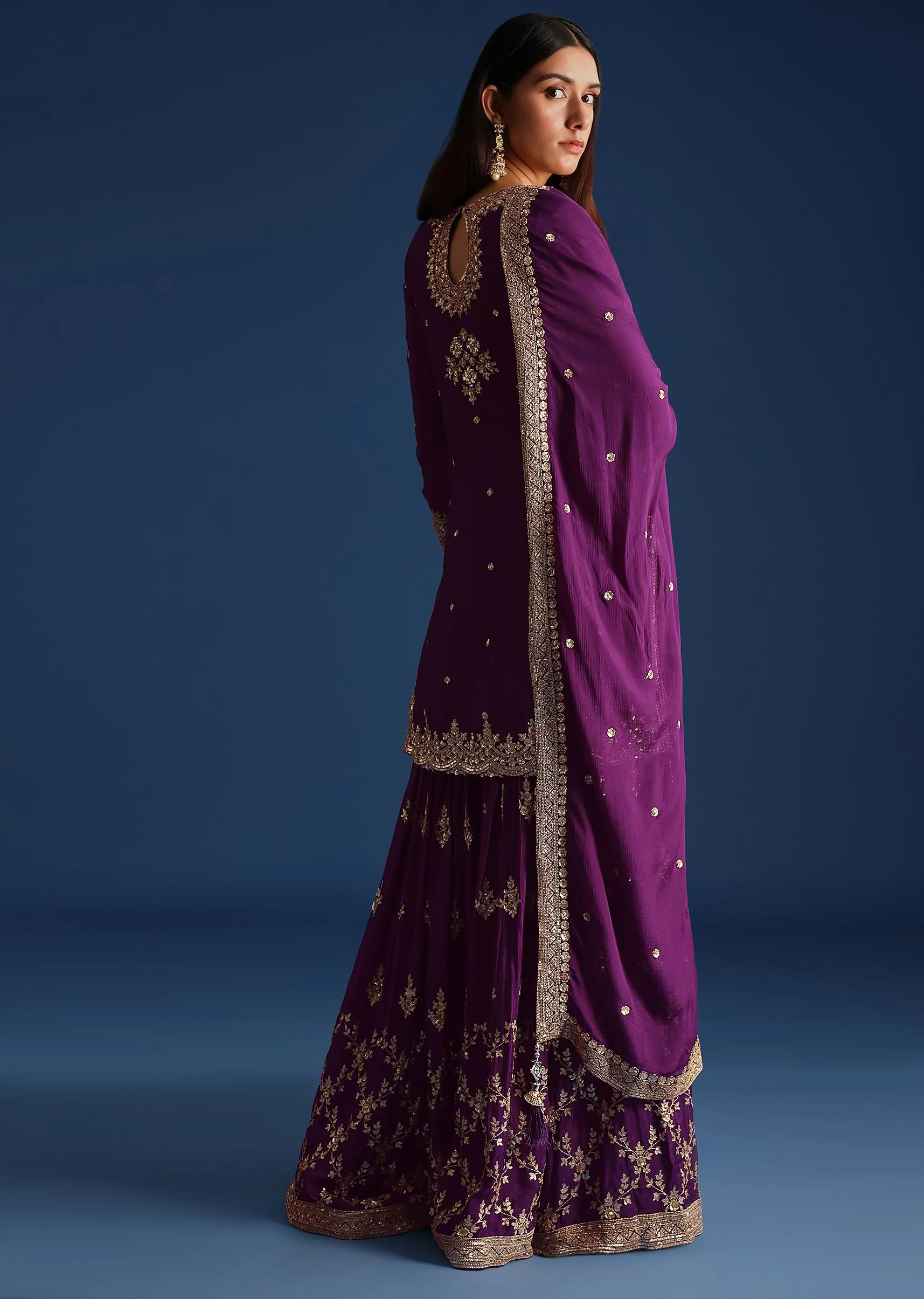 Purple Sequin Embellished Kurta And Palazzo Set - Image 5