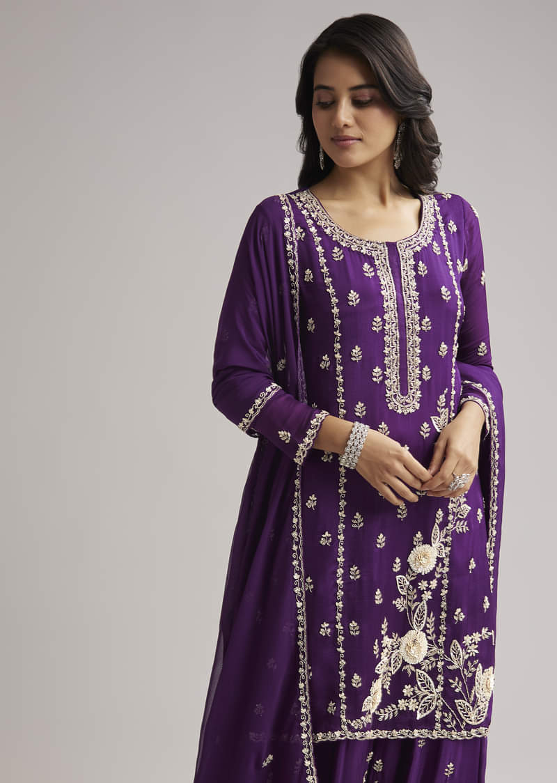 Purple Sequin Embroidered Palazzo Set With Dupatta - Image 3