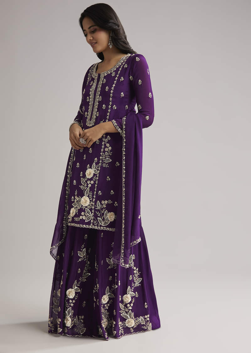 Purple Sequin Embroidered Palazzo Set With Dupatta - Image 4