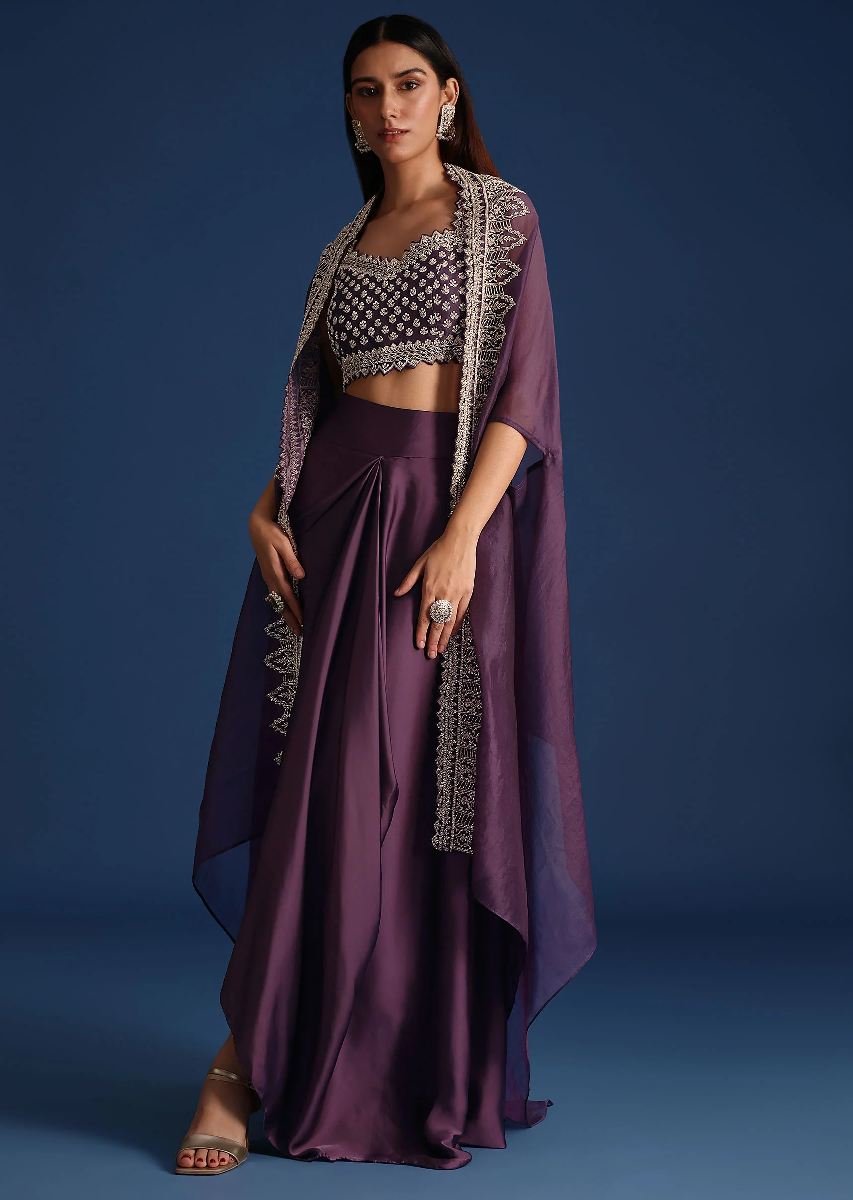 Purple Sequin Work Crop Top With Jacket And Draped Skirt