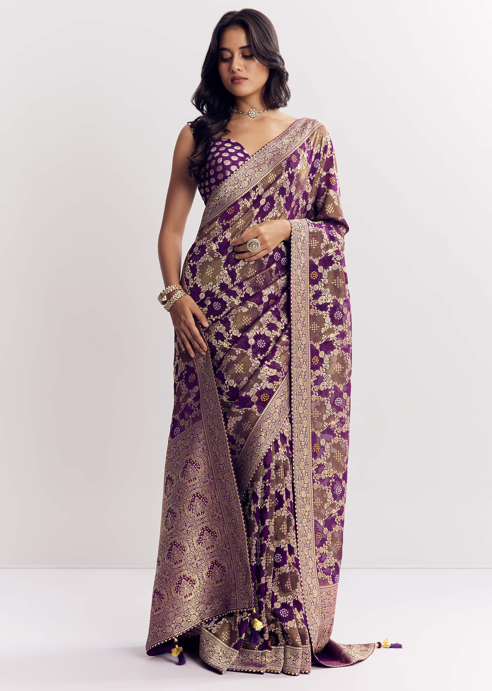 Purple Shaded Georgette Ready To Wear Saree With Zari Jaal Work