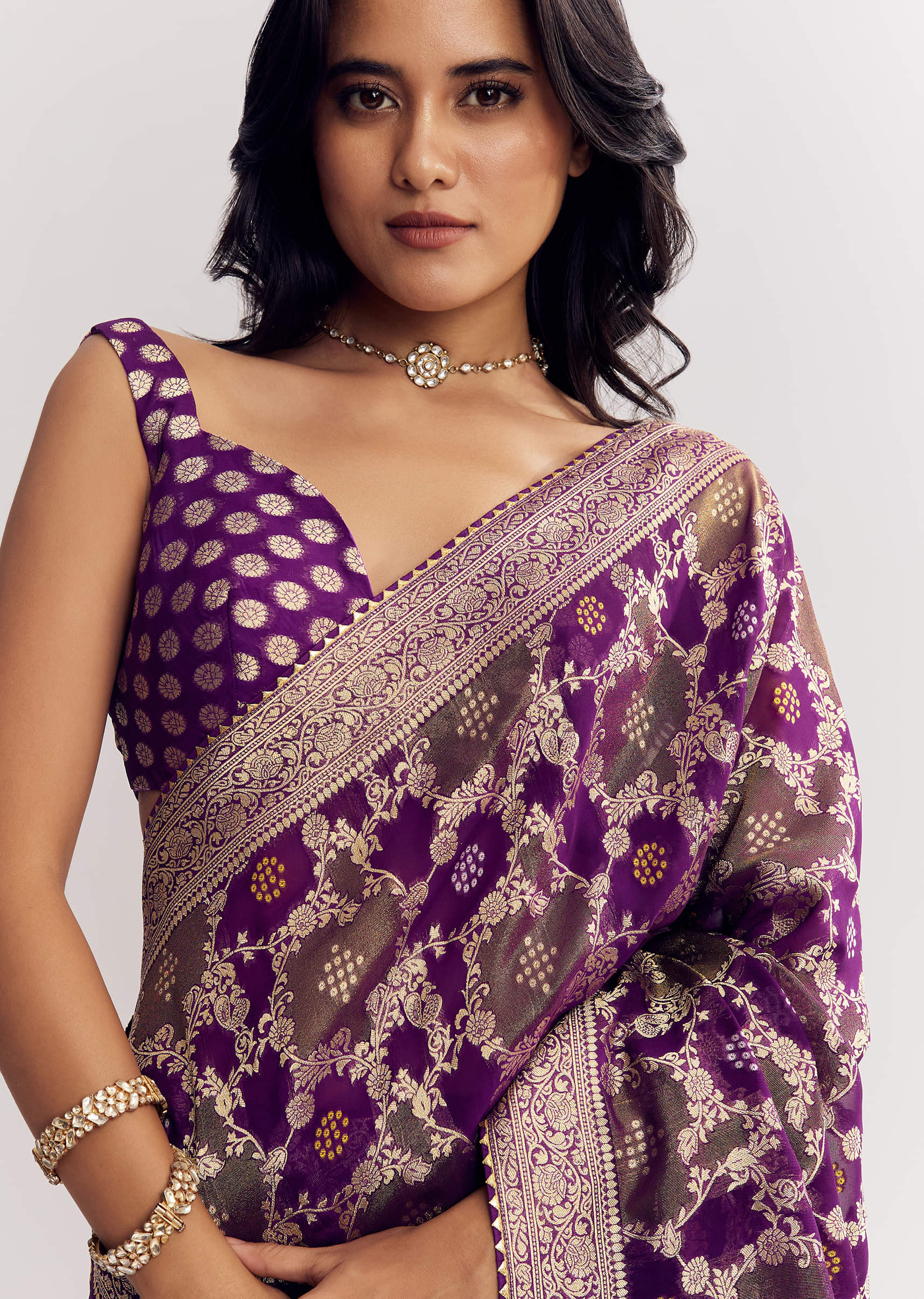 Purple Shaded Georgette Ready To Wear Saree With Zari Jaal Work - Image 2